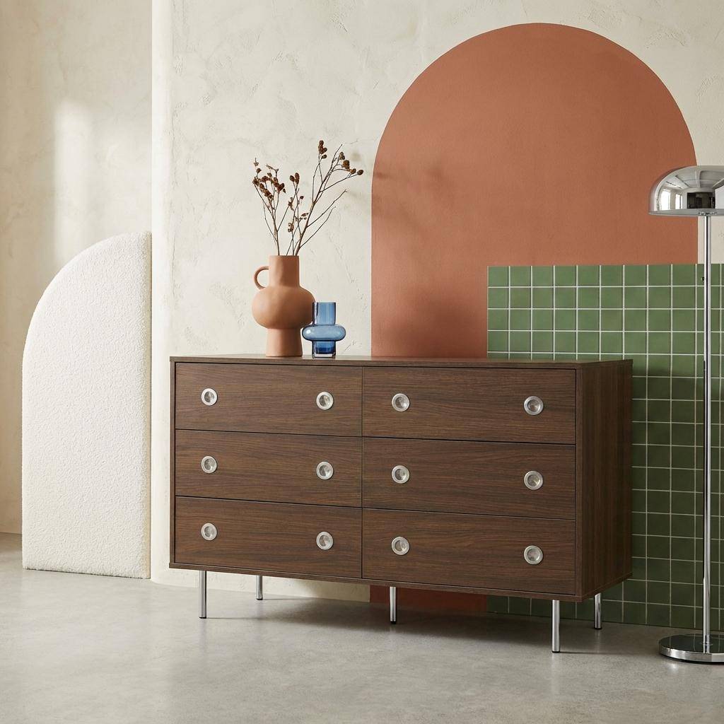Shelby - Cómoda vintage decorativa de madera y acero inoxidable, con 6 cajones