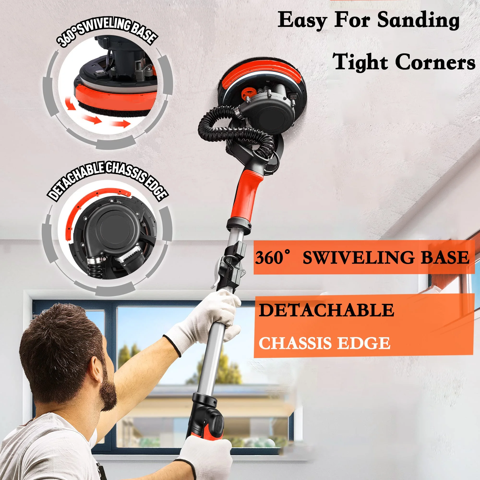 POVANLI 780W Electric Drywall Sander with Vacuum Dust Collection, 6.5A Motor Dustless Floor Sander with Variable Speed 900-1800RPM, LED Light, Extendable & Foldable Handle Yellow+Black - Image 25