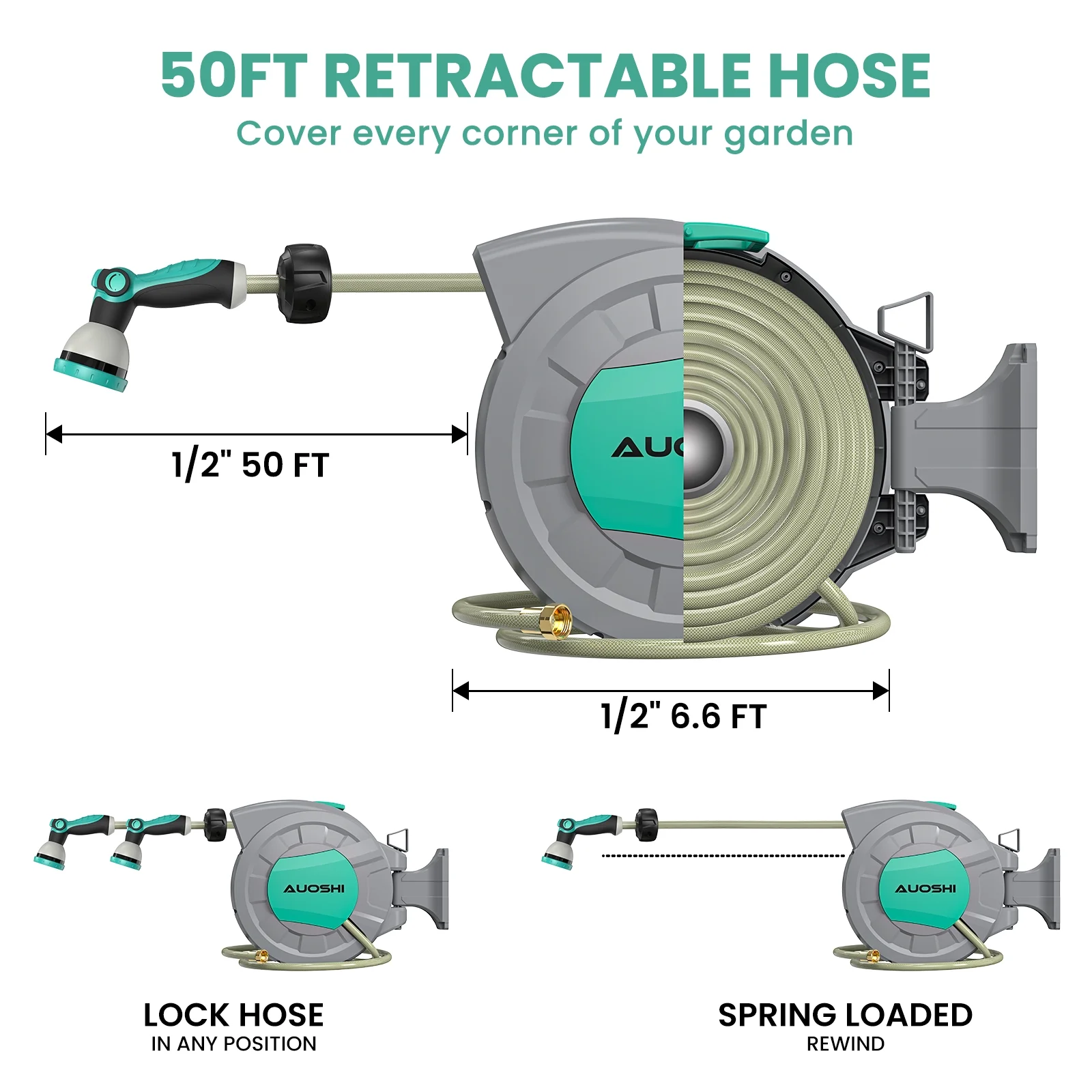 AUOSHI Retractable Garden Hose Reel 1/2" 100ft Automatic Hose Reel with 10 Function Sprayer Nozzle Wall Mount 180 Deg Swivel Bracket Hose Reel with Any Length Lock Slow Return System - Image 14