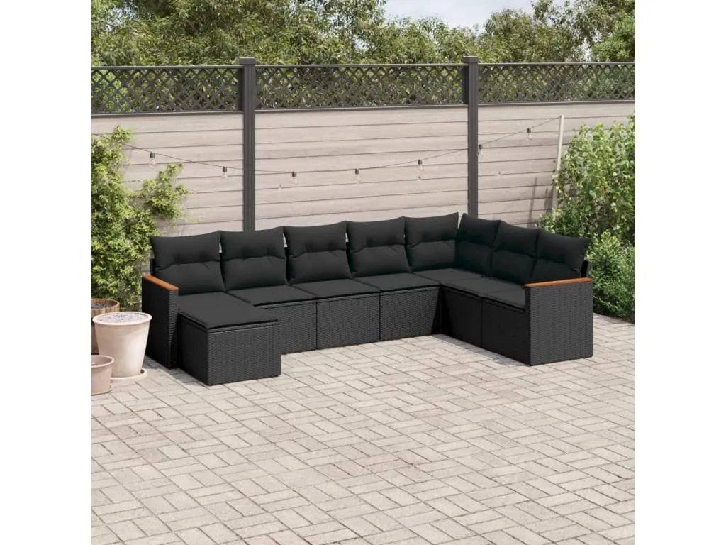 Set de sofás de jardín 8 piezas y cojines ratán sintético negro DEQA12925