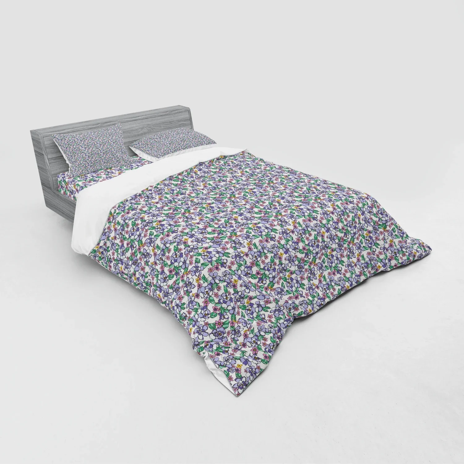 Floral Duvet Cover Set, Colorful Spring Blossom Flowers Repetitive Hand Drawn Like Pattern, Bedding Set with Shams and Fitted Sheet, 3 Sizes