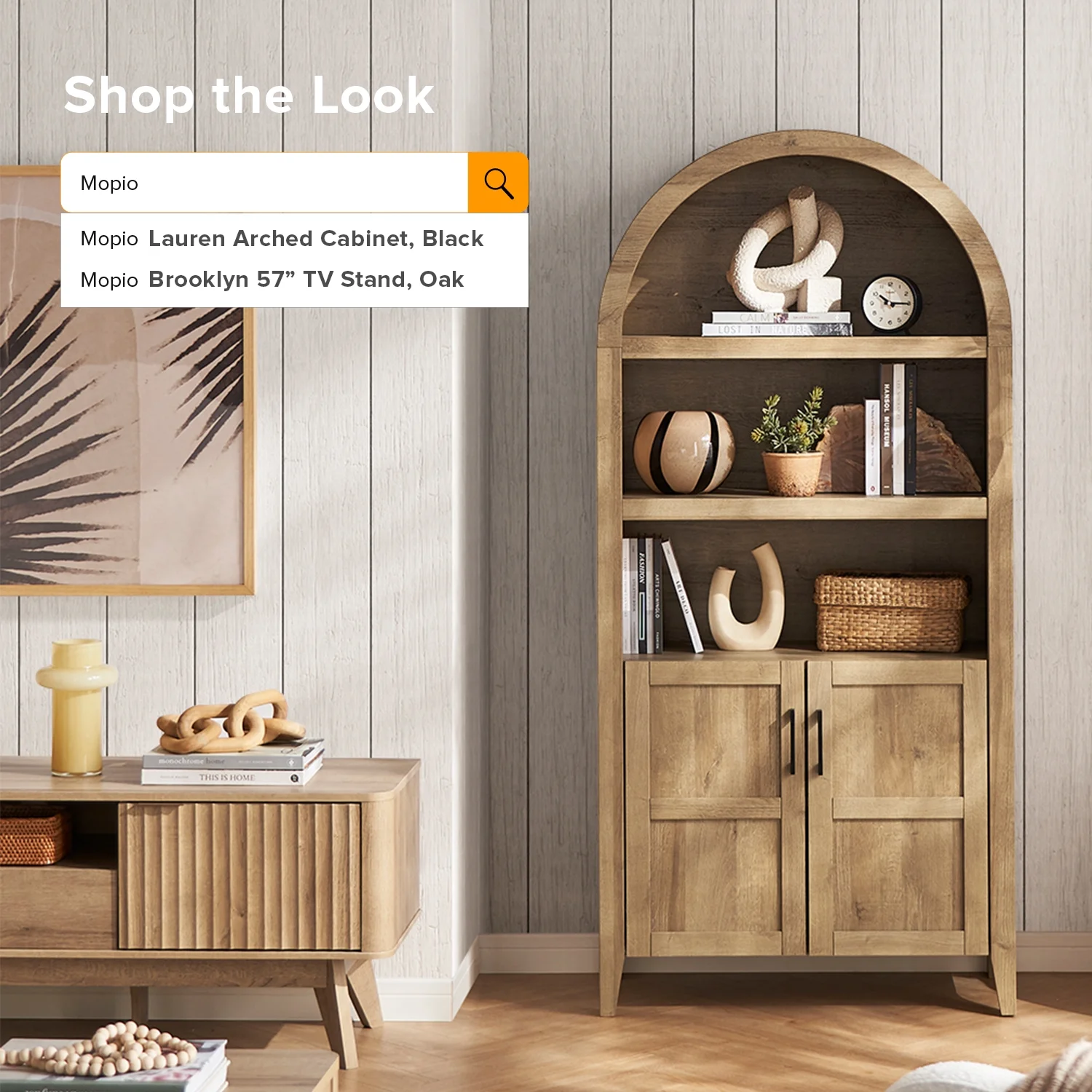 mopio Lauren 65.4" Arched Cabinet, 5-Tier Arched Bookcase with Doors and Shelves, Arched Bookshelf with Storage, Kitchen Pantry Cabinet, Wooden Storage Cabinet for Living Room, Kitchen (Oak) - Image 12