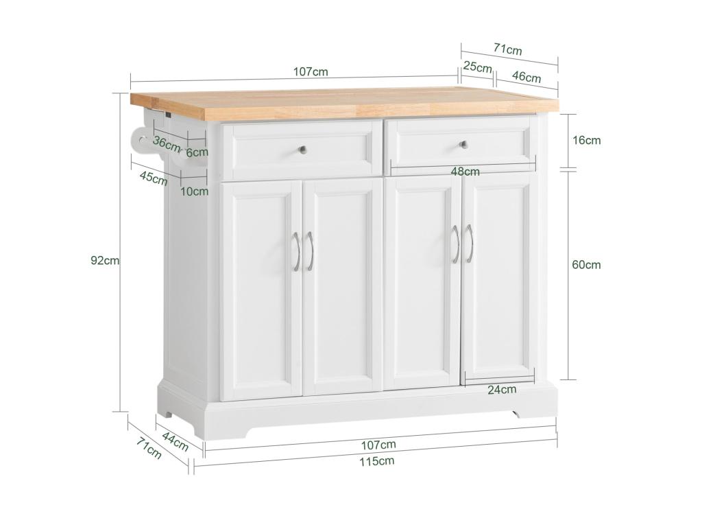 Carrito de Cocina con Piso,con Tablero Extensible,L115 x P46 x H92cm Blanco FKW71-WN Hogarmagic  ES