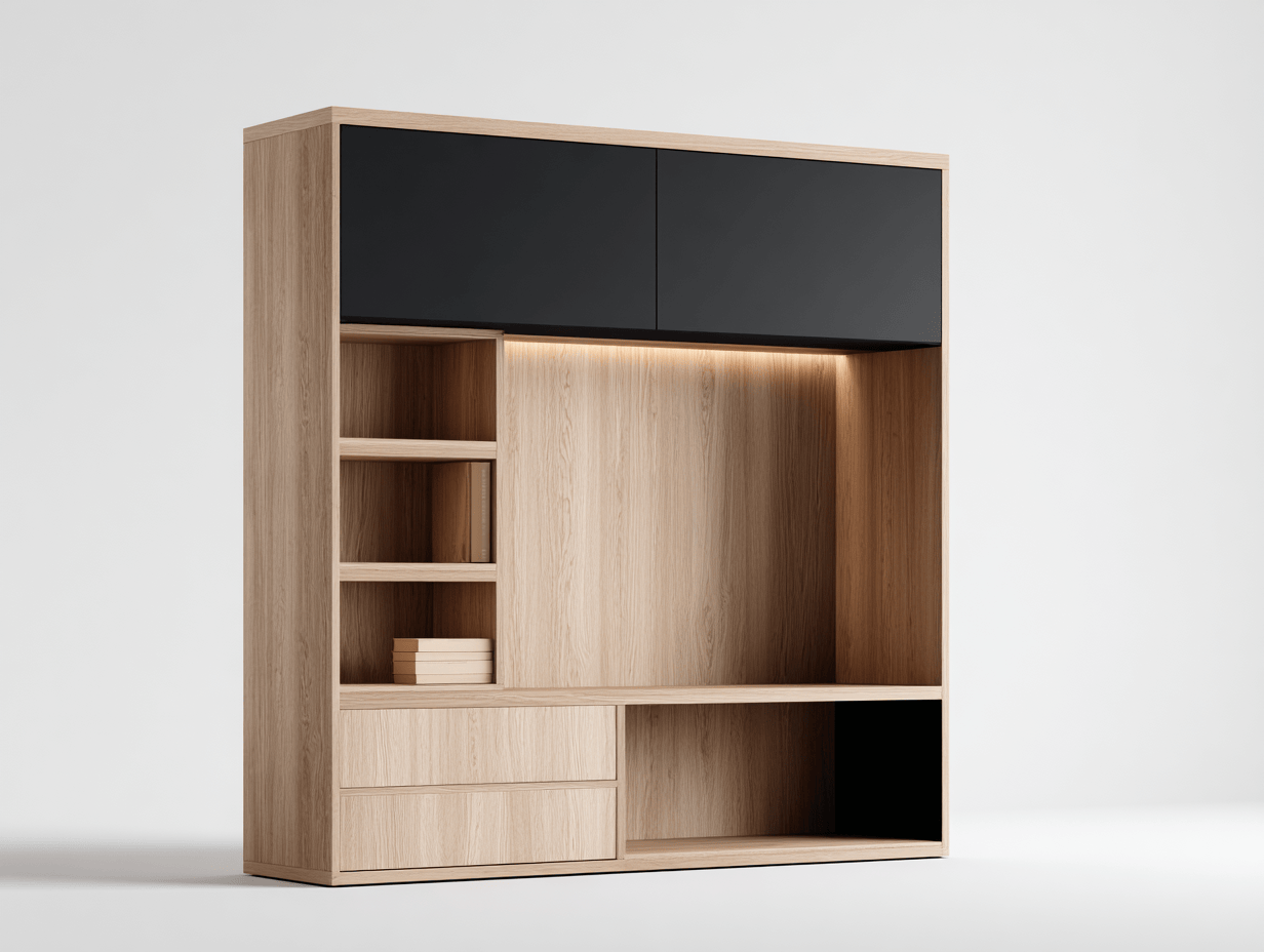 Mueble de salón modular en madera clara y negro con espacio abierto para TV – estanterías y armarios integrados – con iluminación LED