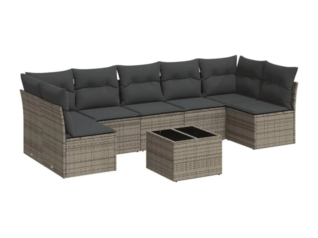 Set de sofás de jardín 8 piezas y cojines ratán sintético gris
