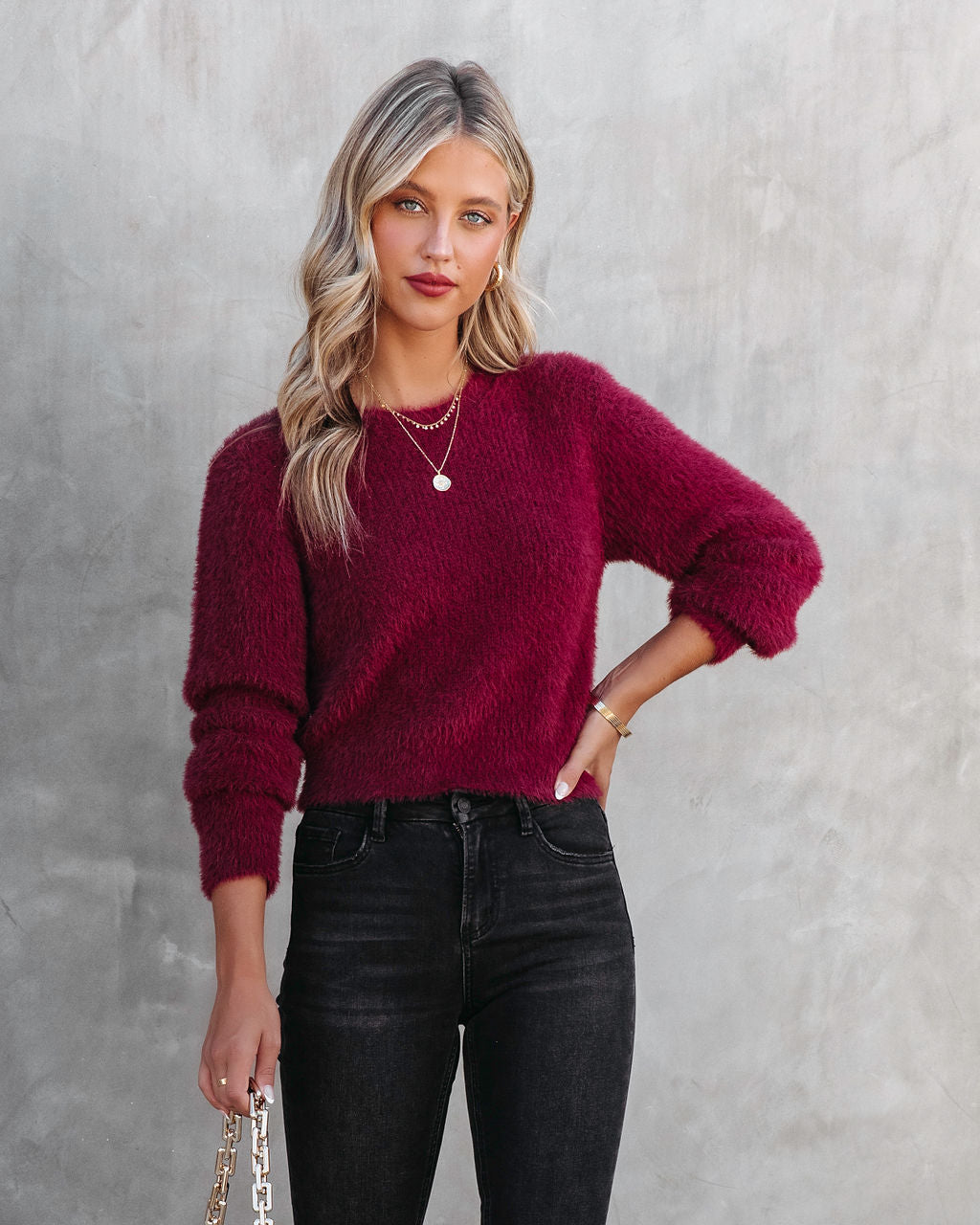 Apple Of My Eye Fuzzy Knit Sweater - Burgundy - Se7enfashion
