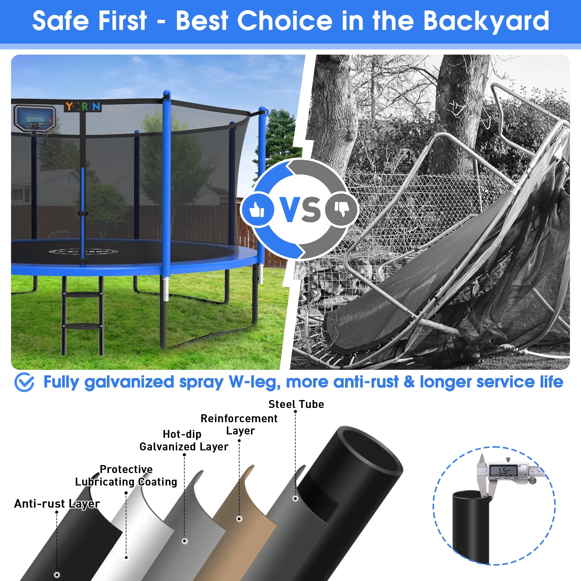 YORIN Trampoline with Trampoline Light, 1200LBS 12FT Trampoline for 5-6 Kids Adults, Recreational Trampoline with Basketball Hoop, Ladder, Galvanized Outdoor Heavy Duty Trampoline - Image 6