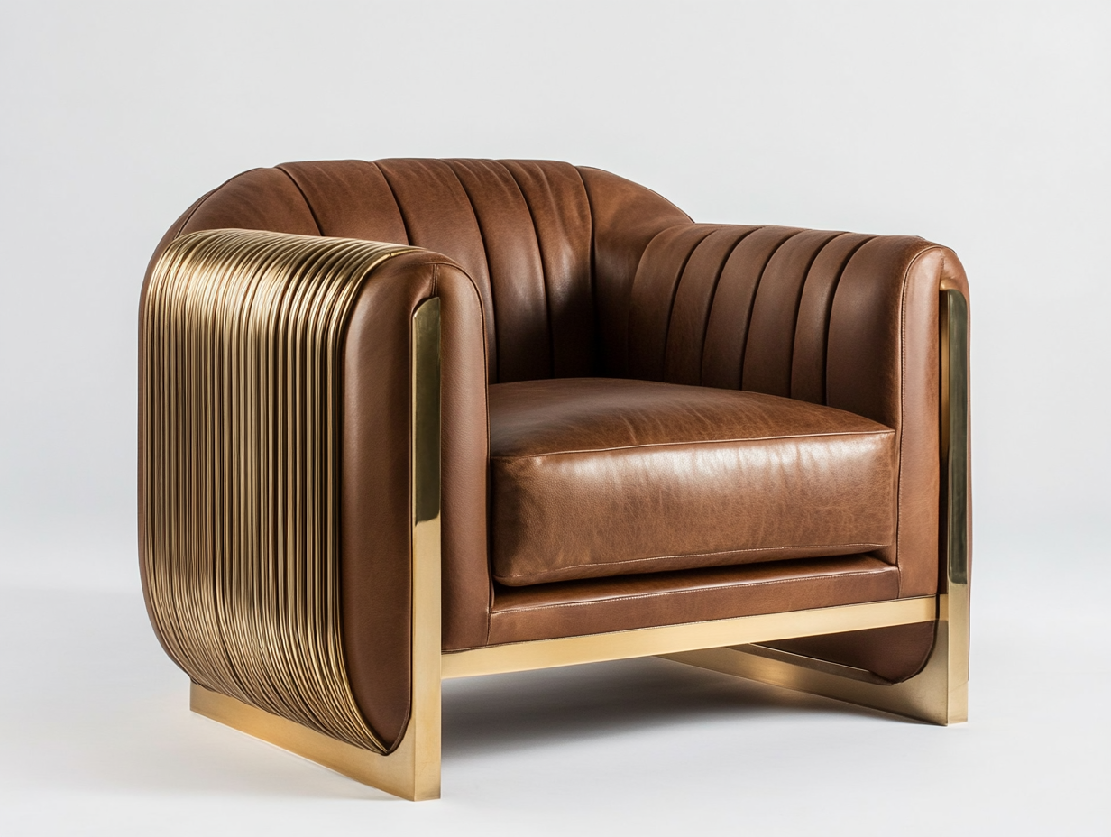 Sillón club de cuero marrón y metal con estructura de metal dorado, 100 cm