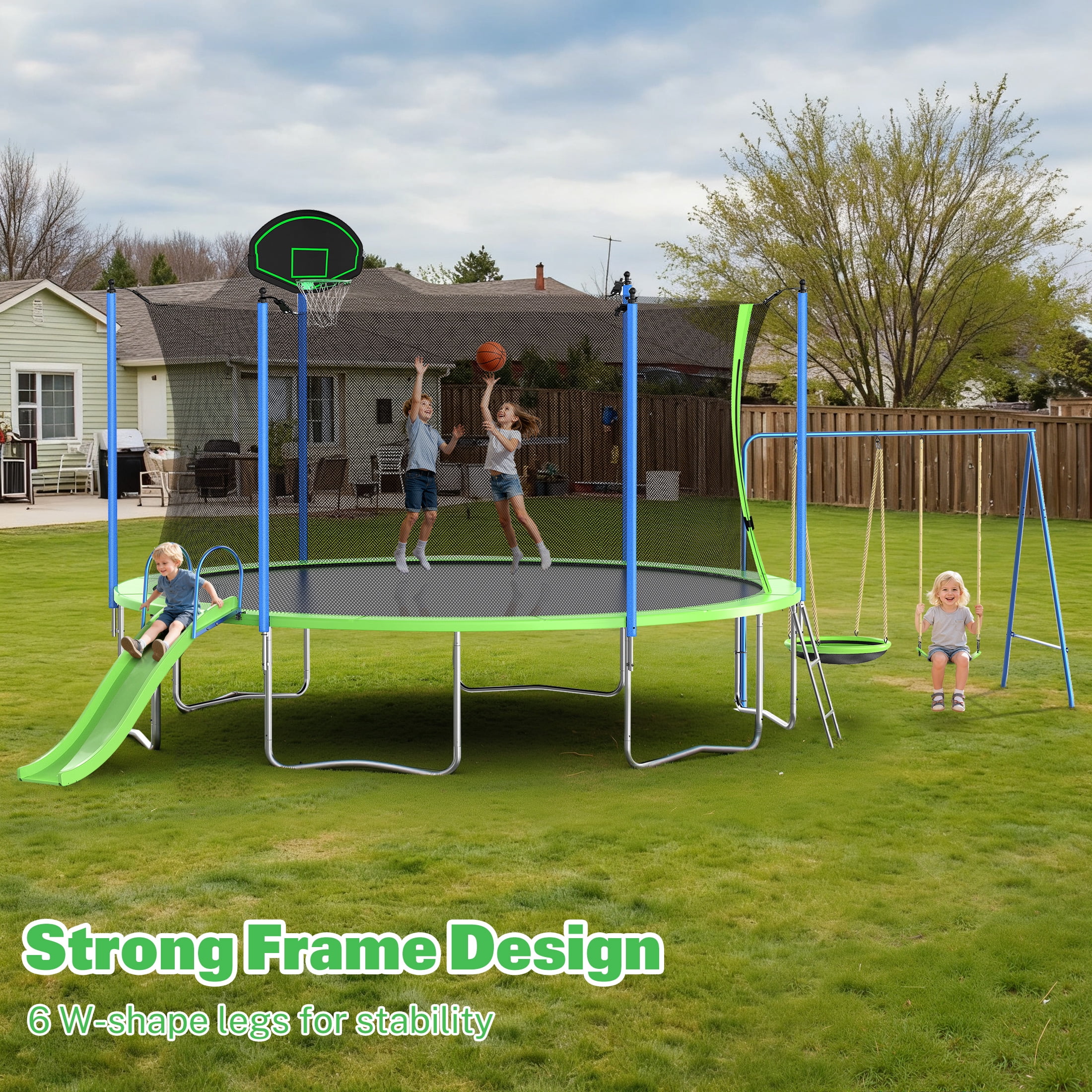12FT Trampoline with Slide, Swings, SEGMART Recreational Trampoline with Basketball Hoop and Ladder, Heavy Duty Outdoor Backyard Trampoline with Net for Kids and Adults, Green - Image 7