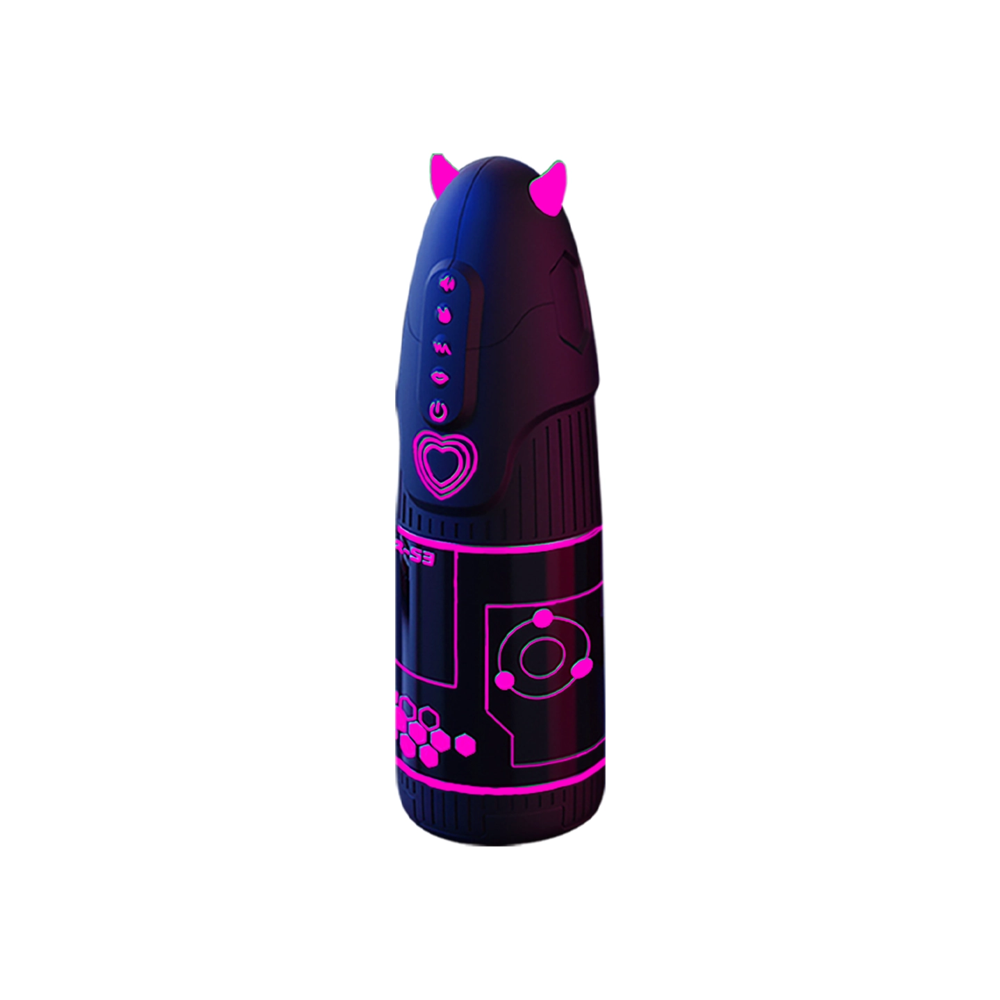 Dr.YUU Little Devil automatischer Masturbator in Schwarz mit grüner LED-Beleuchtung und passender Produktverpackung auf weißem Hintergrund