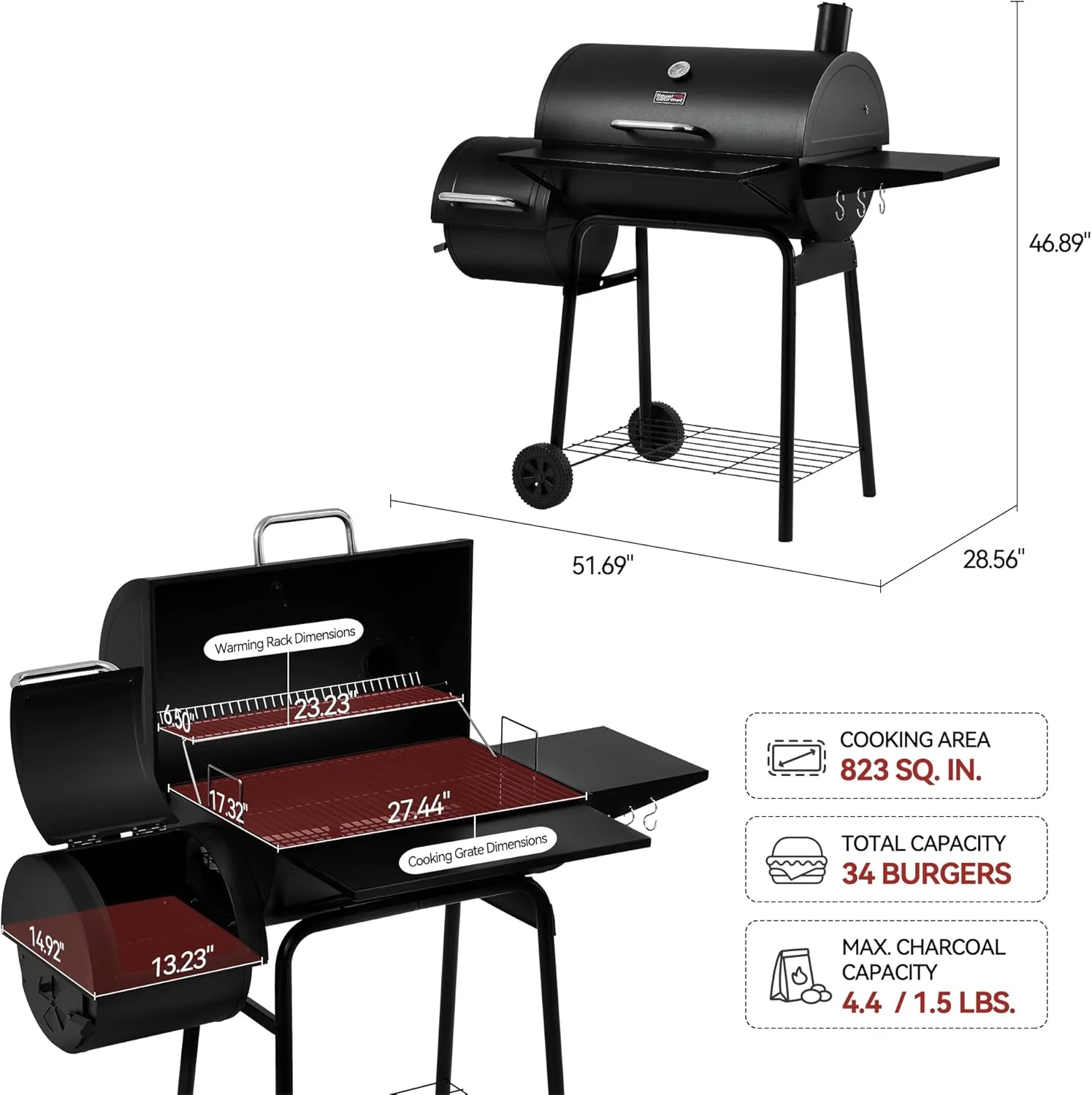 Royal Gourmet CC1830S BBQ Charcoal Grill and Offset Smoker 823 Square Inch cooking surface