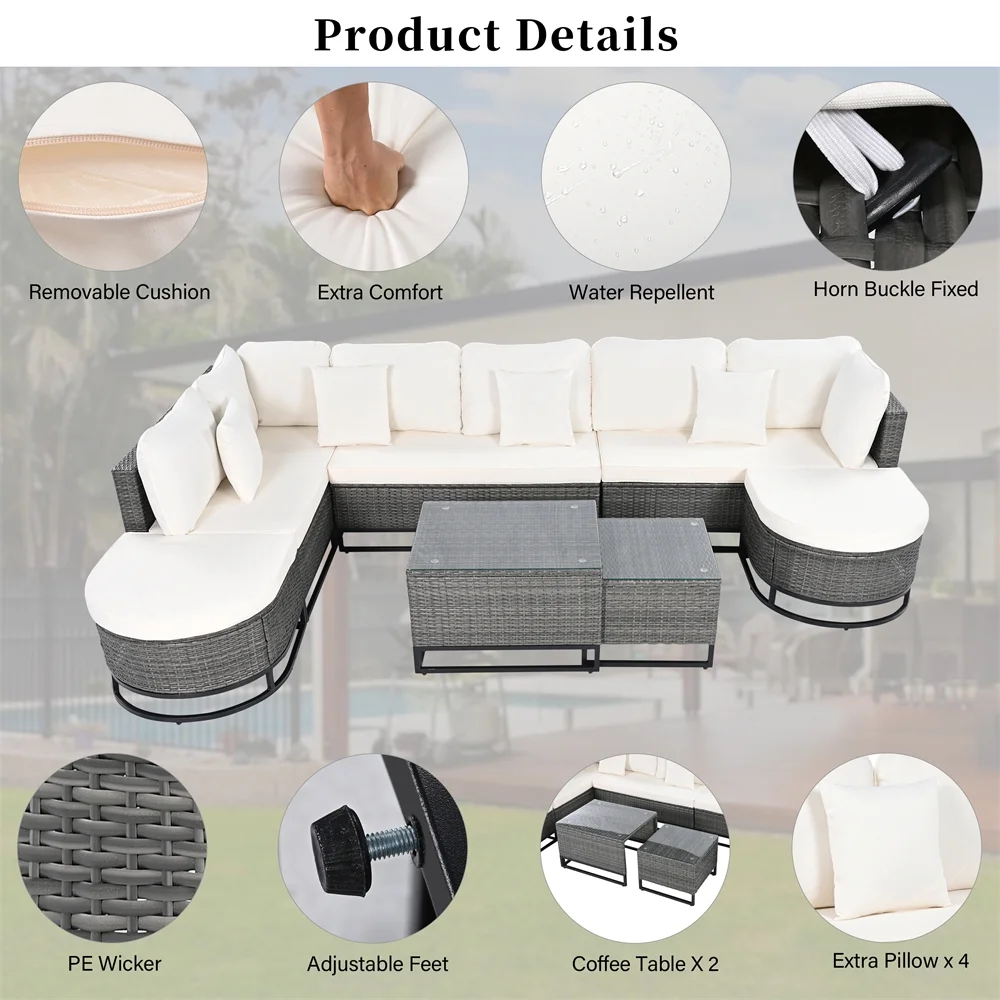 8 Pieces Outdoor Wicker Round Furniture Set, All Weather Half-Moon Sectional Patio Sofa Sets with Rectangular Coffee Table, Beige - Image 23