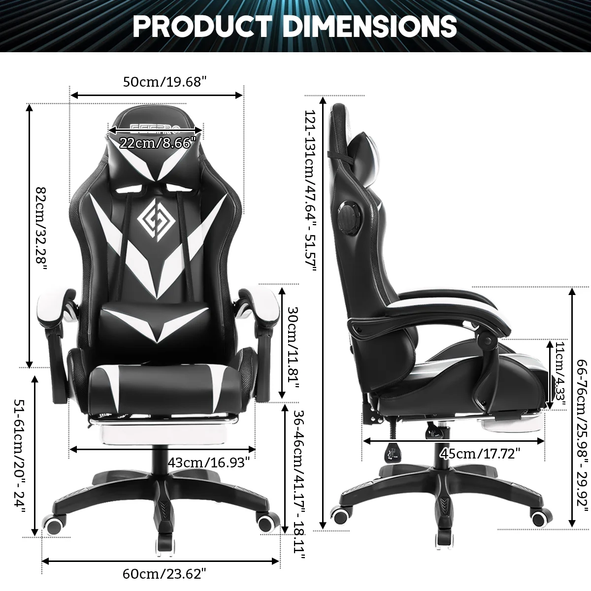 Hoffree Gaming Chair with Speakers PU Leather Office Chair with Footrest and LED Lights Ergonomic Gamer Chair with Massage Lumbar Support and Headrest Adjustable Swivel for Home Office 300lb - Image 63