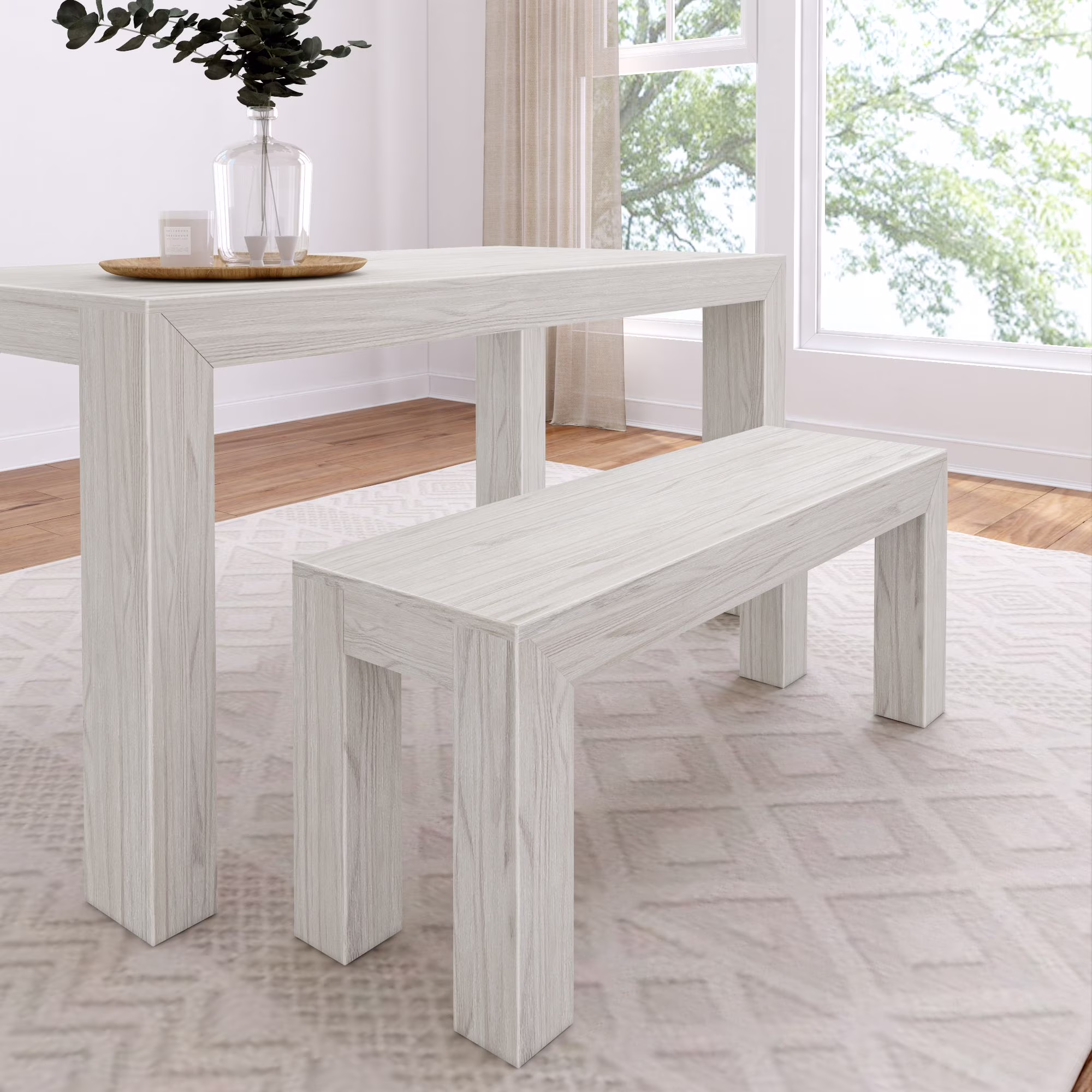 Plank+Beam Modern Dining Bench, Solid Wood Bench for Dining Table, 49", Blonde Wirebrush