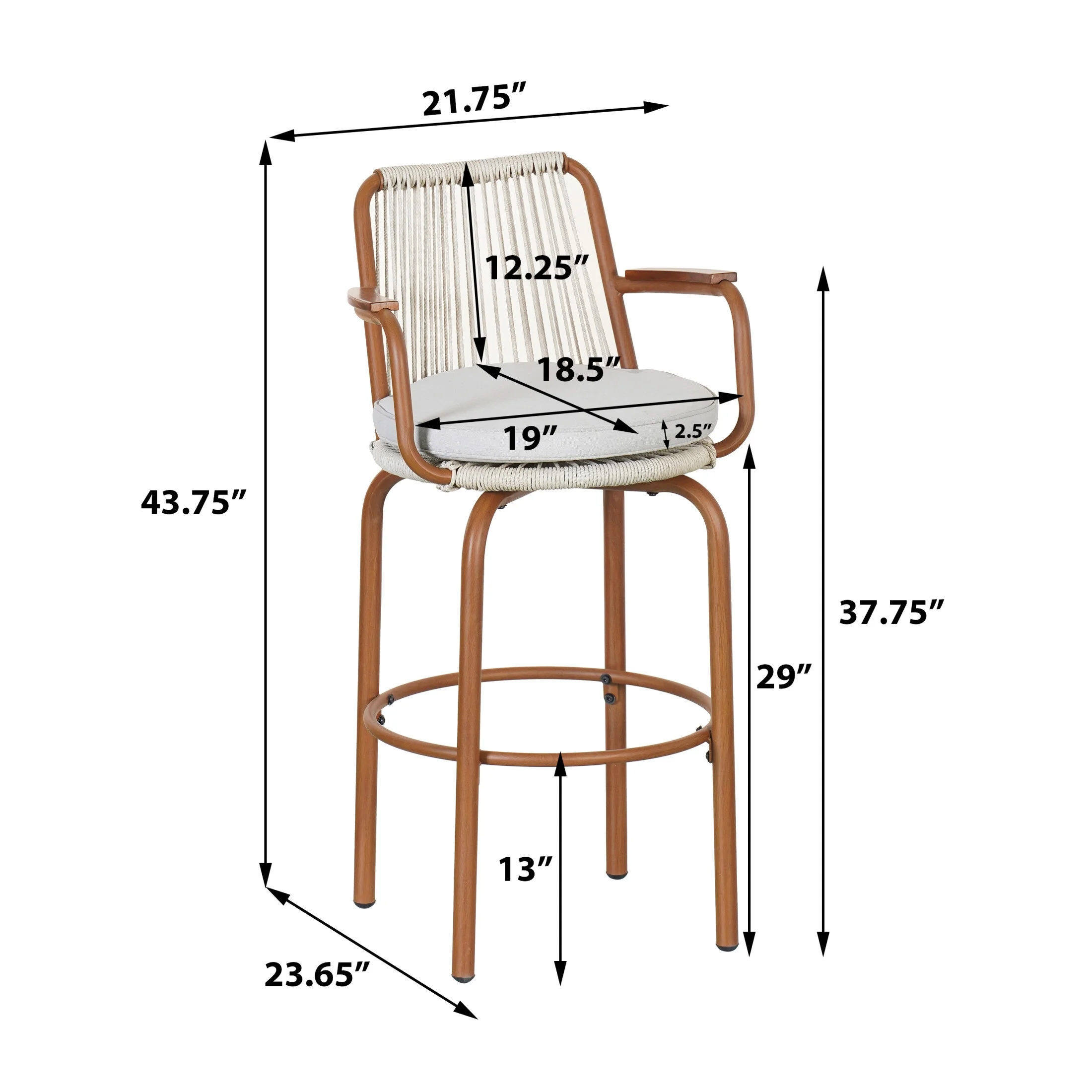 Lyric Modern 29" Outdoor Patio Bar Stools, Bar Chairs with Wood Grain Finish Frame with Hand-Woven PE Rattan Rope, Removable Cushions, Teak+Beige, Set of 2 - Image 4