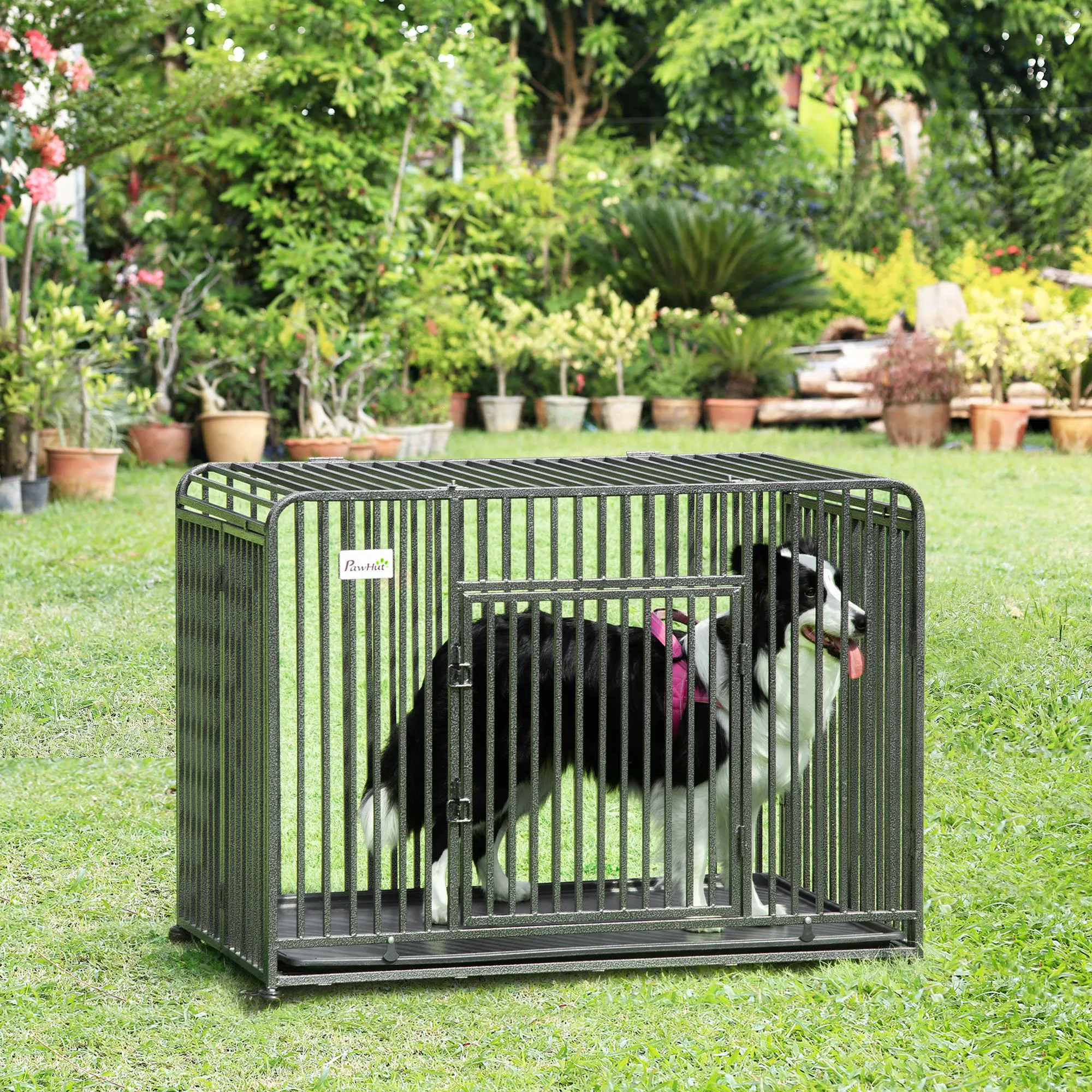 43″ Heavy Duty Dog Cage, Foldable Steel Crate Kennel with Removable Tray, Double Doors, 4 Lockable Wheels for Medium & Large Dogs, Dark Silver