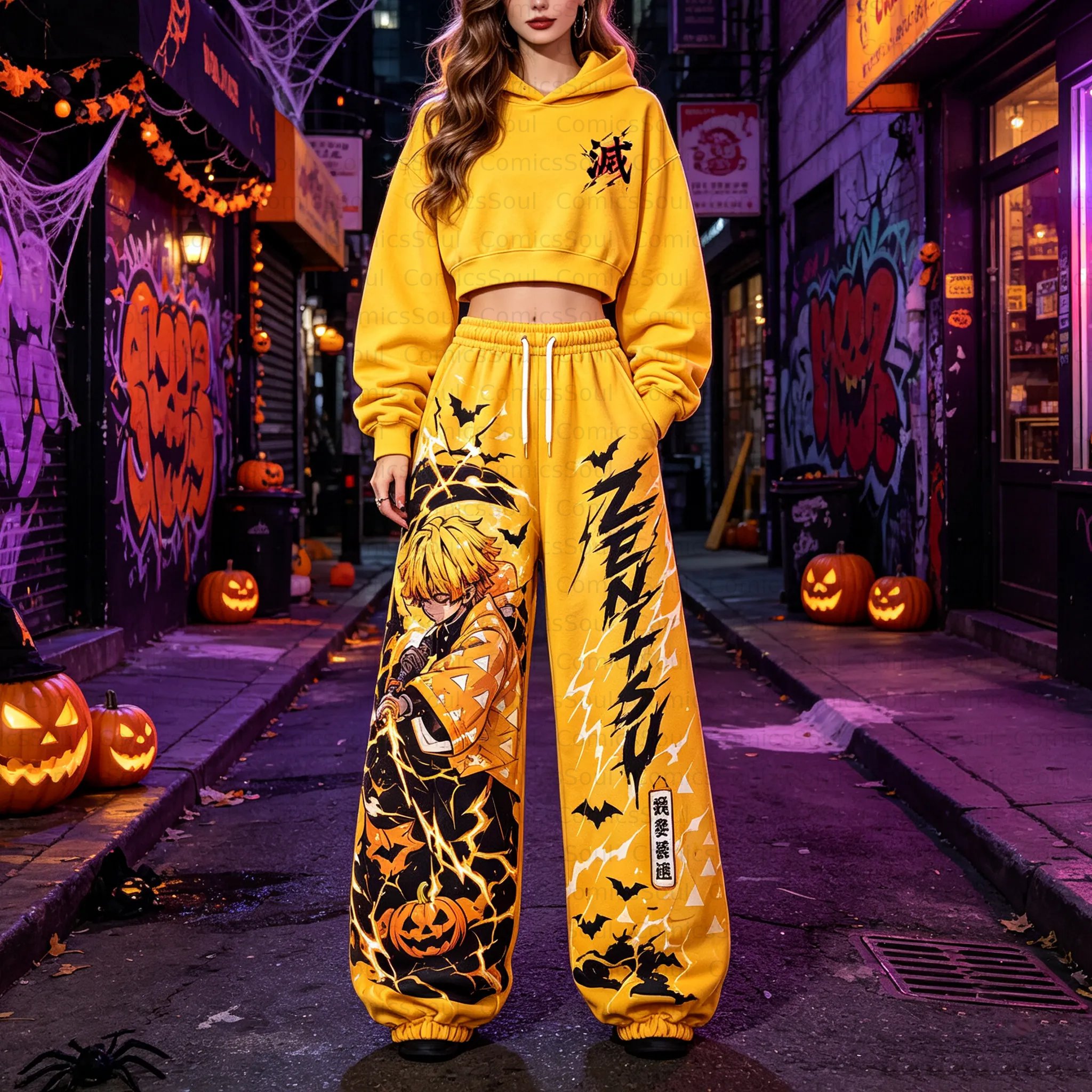 Demon Slayer Cropped Long Sleeve Hoodie & High Waist Jogger Pants Two Piece TeeThreads Sustain the Scene with Custom Apparel