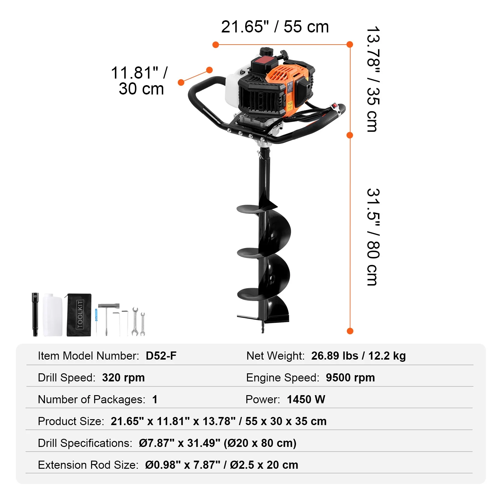 KFFKFF Gas Earth Auger, 52CC 1450W, includes 8- Drill Bit & Extension Rod, Ideal for Garden, Farmland Fence Installation, Orange & Black - Image 9