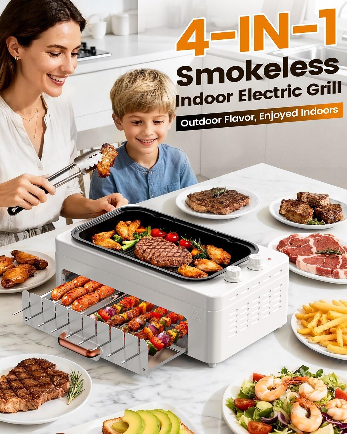 4-in-1 Electric Indoor Grill Smokeless for Home,Countertop Electric Grill with Removable Sizzling Grill Pan & Grate + Auto Rotating Kabob Skewers + Electric Hot Dog Roller Dual Zone Cook with Lid