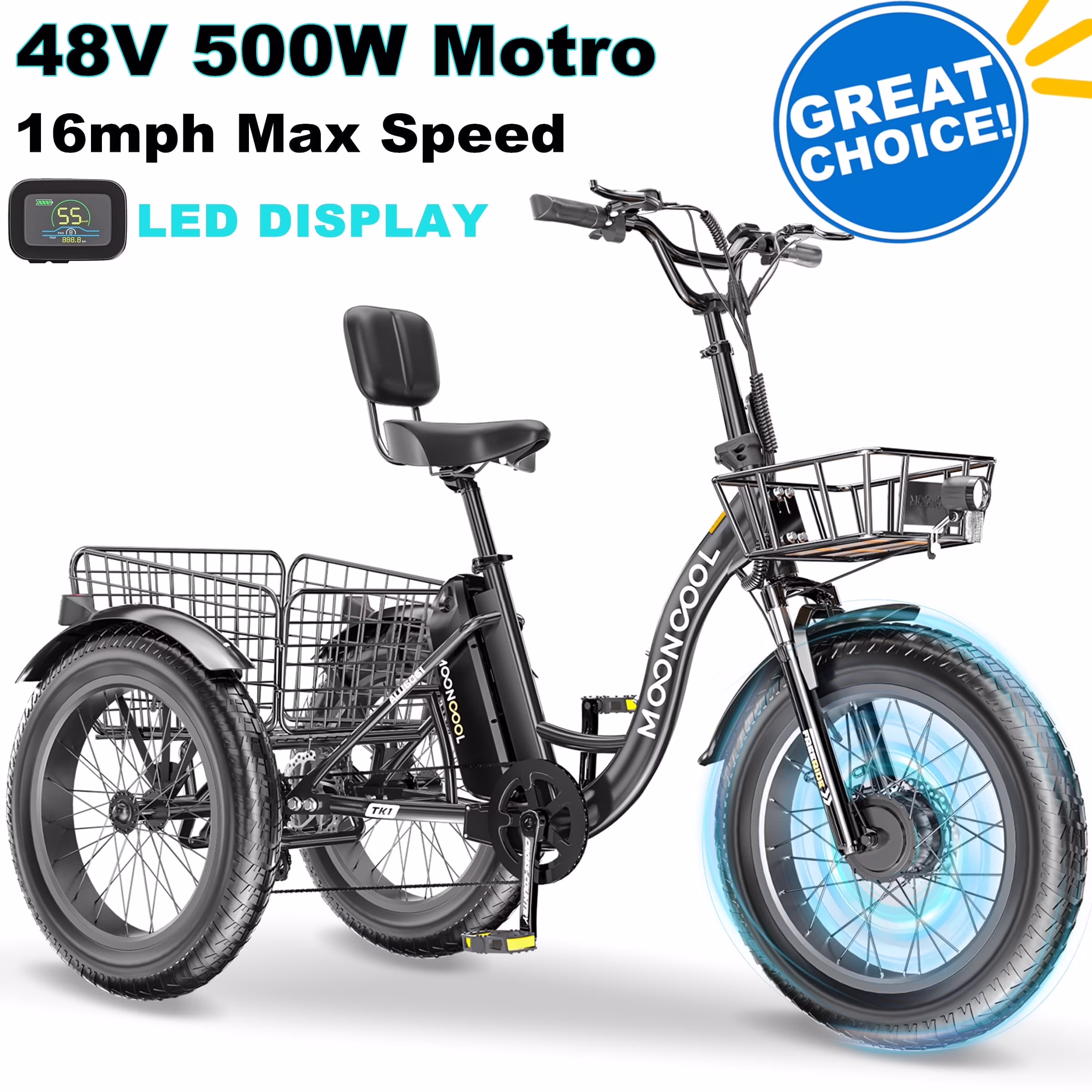 20" x 4" Fat Tire Electric Tricycle for Adult, 7 Speeds Electric Trike 48V 500W Motorized Tricycle , Electric Three Wheels Bicycle for Senior, Aluminum Frame & Rear Basket ,16mph - Image 5
