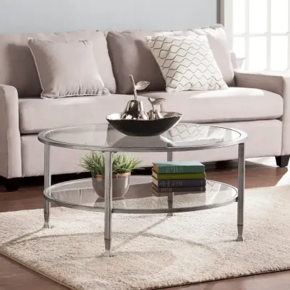 Glenn Distressed Silver Round Coffee Table with Glass Top and Shelf by SEI Furniture