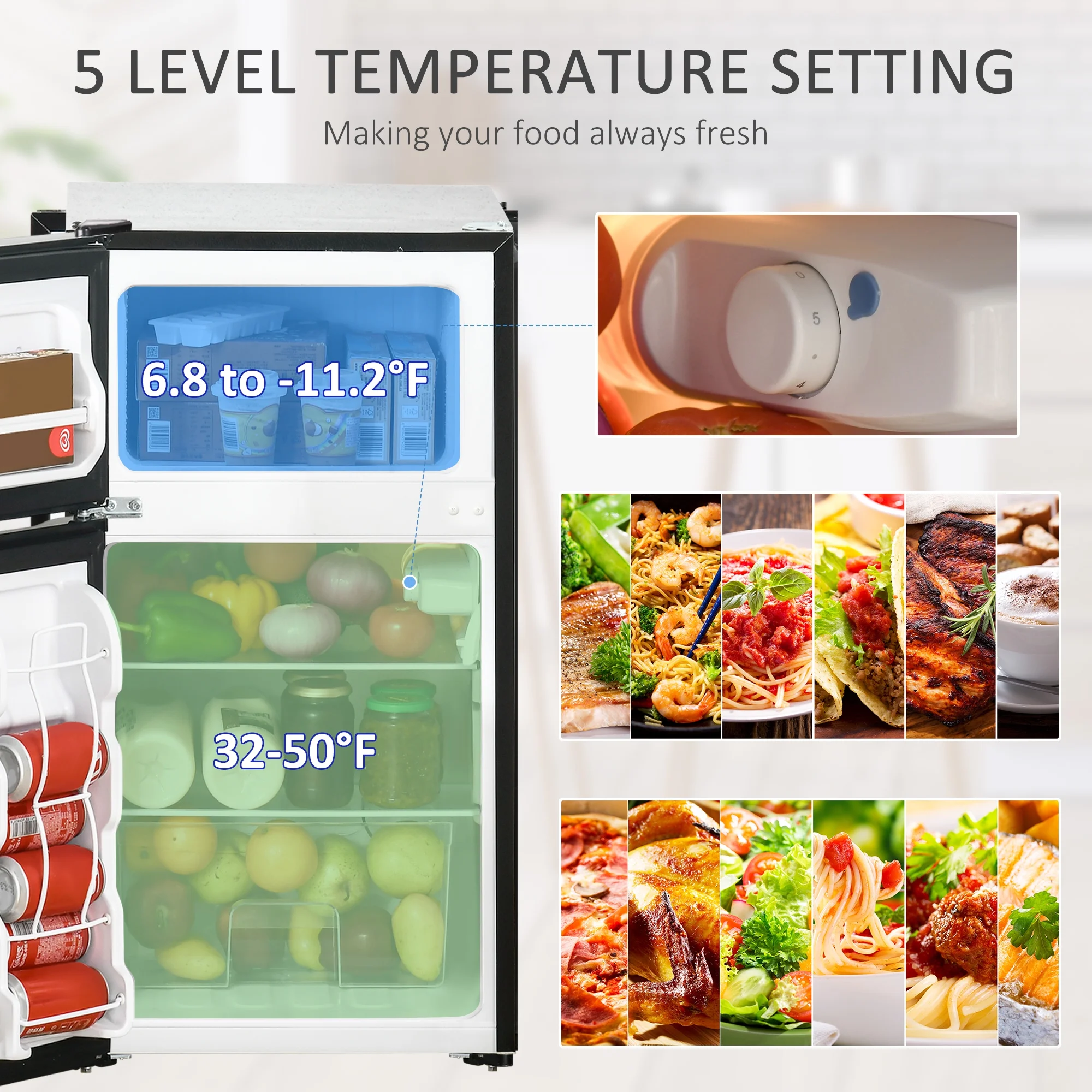 3.2 Cu.Ft Mini Fridge with Freezer, Double Door Compact Refrigerator with Adjustable Thermostat, Shelf and Reversible Door for Bedroom, Dorm, Home Office, Energy Efficient, Black - Image 8