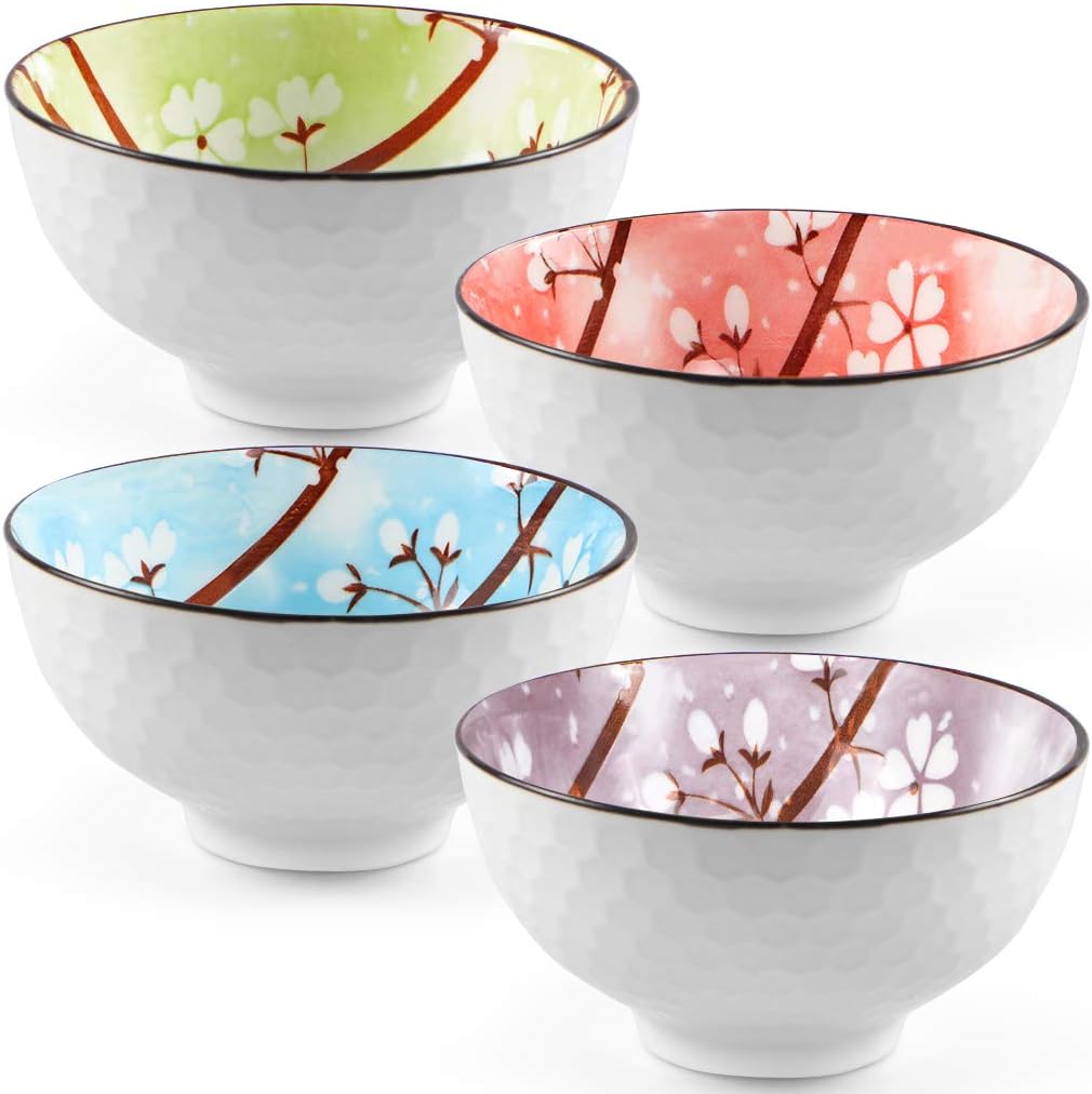 Ceramic Rice Bowls 10 oz, Sakura Bowl Gift Set, Assorted Color Dinnerware Serving Bowls for Rice, Cereal, Noodle, Soup, Desserts, Pack of 4 (Cherry Blossom)