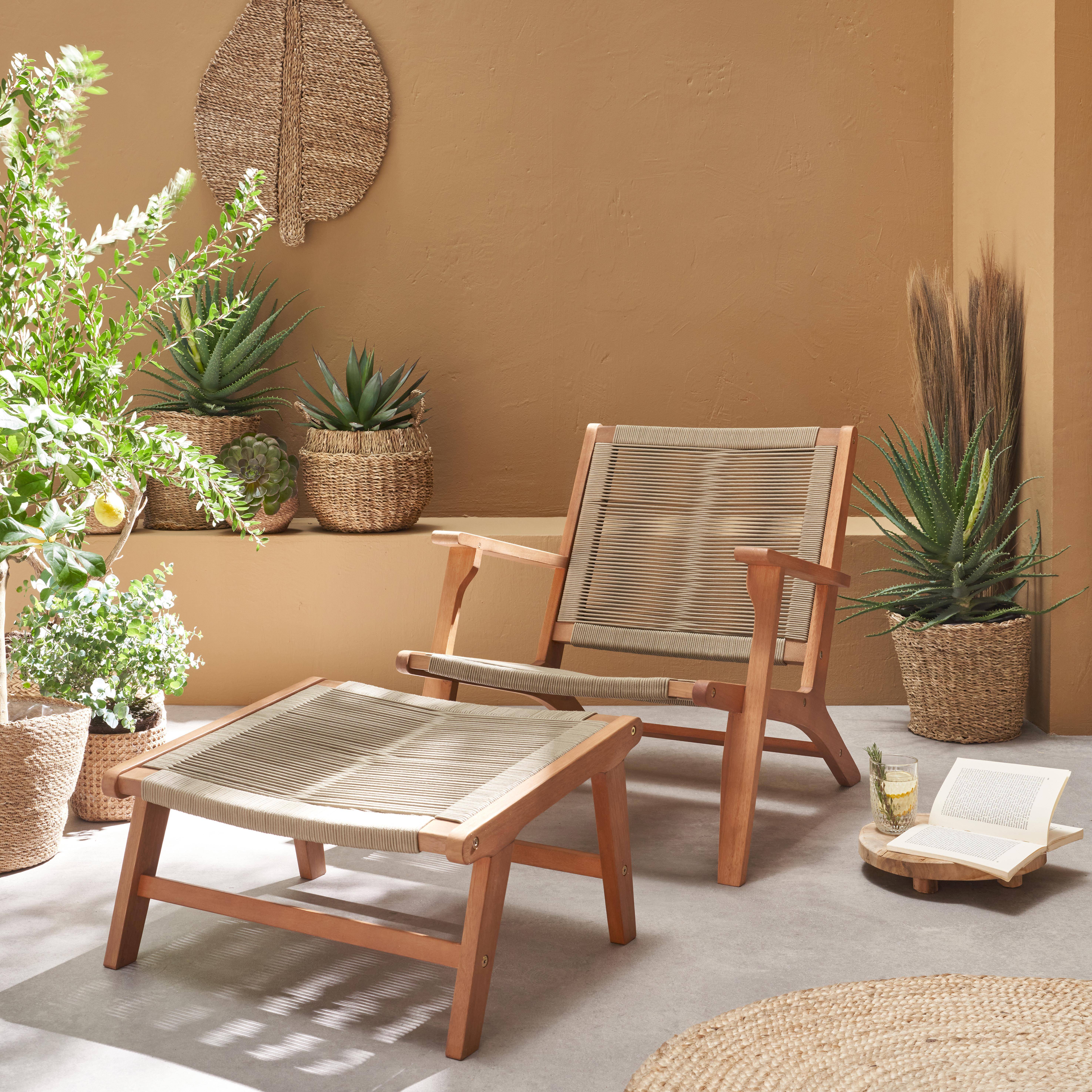 Cuzco - Silla de jardín de madera y cuerda con reposapiés