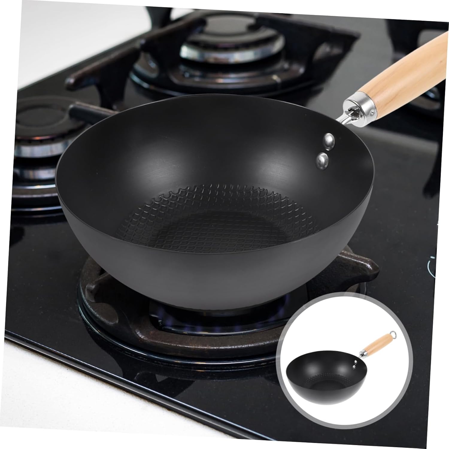 COLLBATH Small Iron Wok Non-Stick Gas Stove Frying Pan 14.56X7.87X3.54 Inch for Home Kitchen Cooking Versatile Japanese Style Cookware