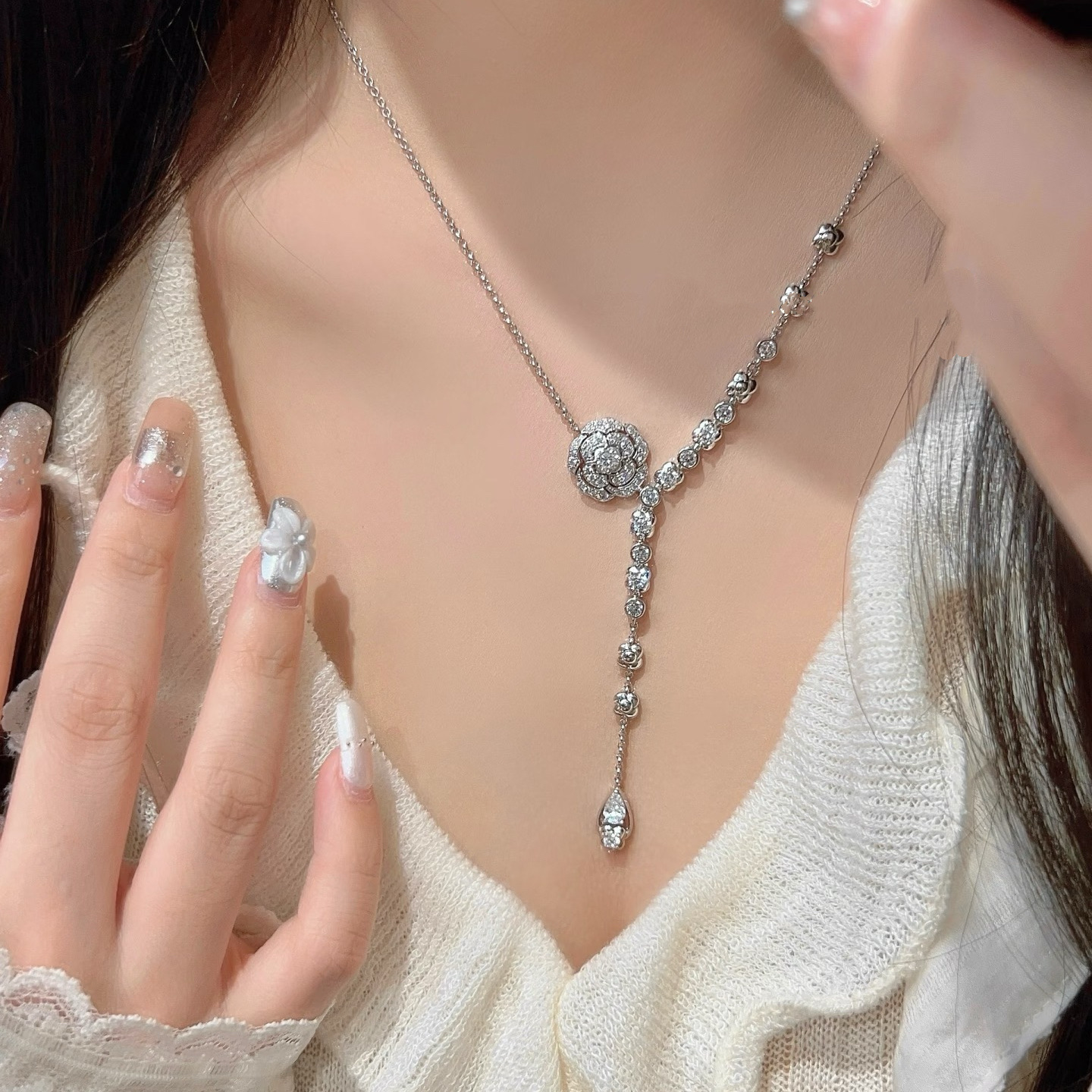 Chanel Camellia Teardrop Y Necklace in Silver Color - Original Replica Club