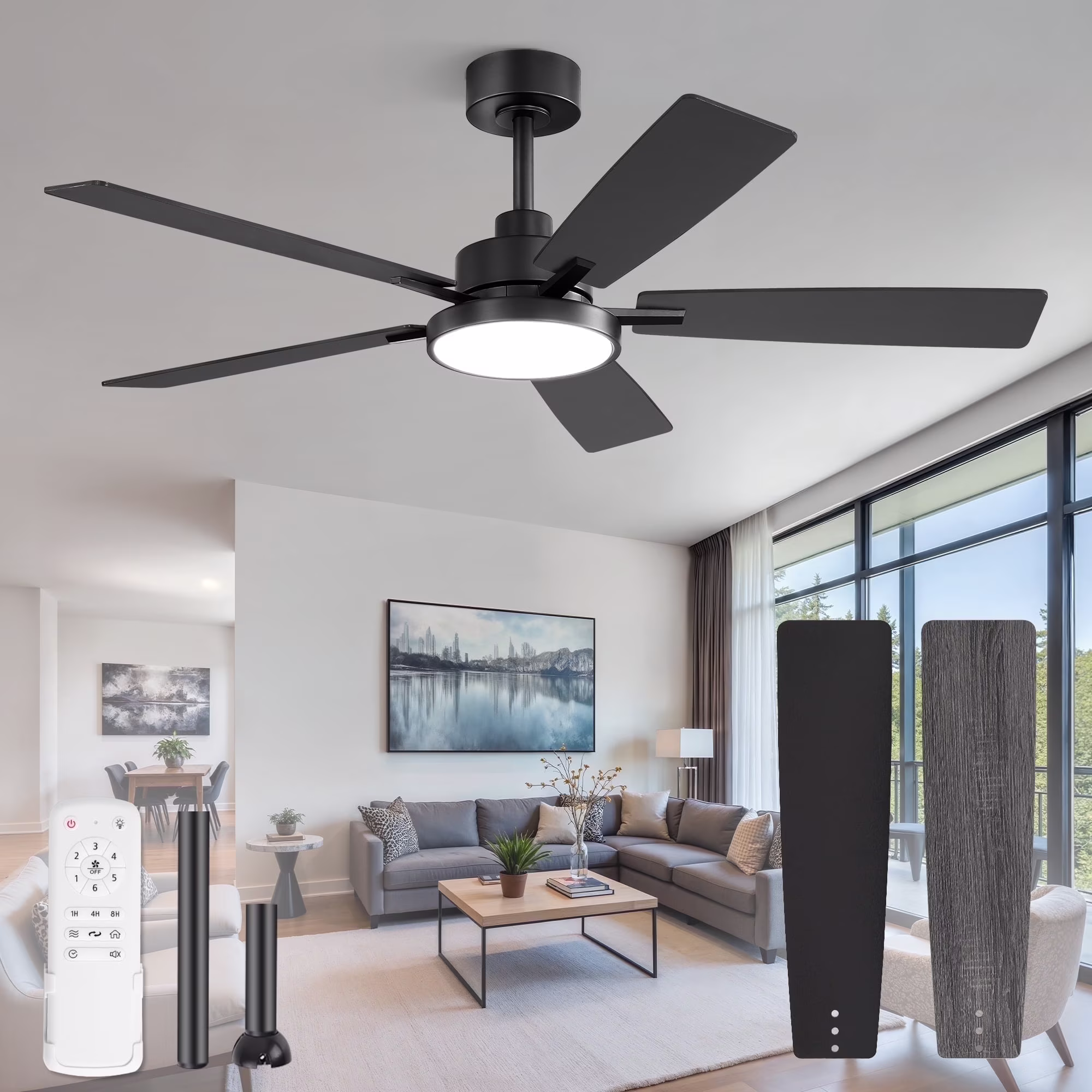 Zardon 52 in Black Ceiling Fan with LED Light and Remote, Downrod 6 - Speed and Quiet Reversible DC Motor for Bedroom, Living Room, Indoor(Black/Downrod Mount)