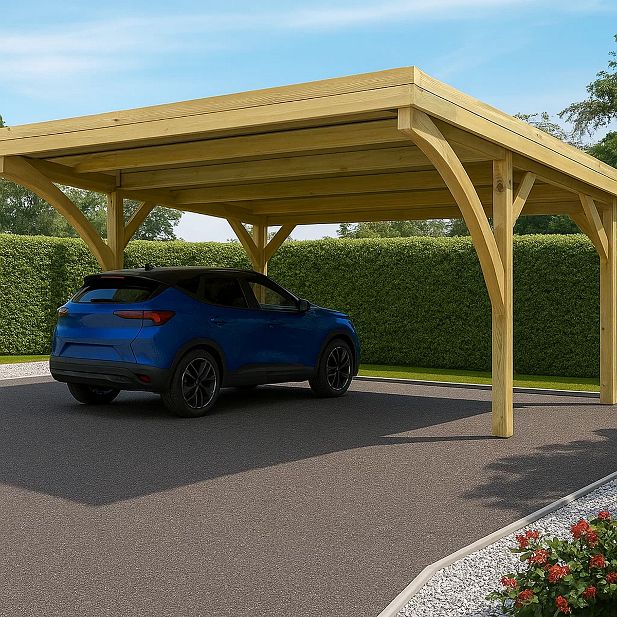 Cochera adosable de madera 6,12x6x2,5 m – Aparcamiento cubierto para 2 coches con techo de policarbonato resistente