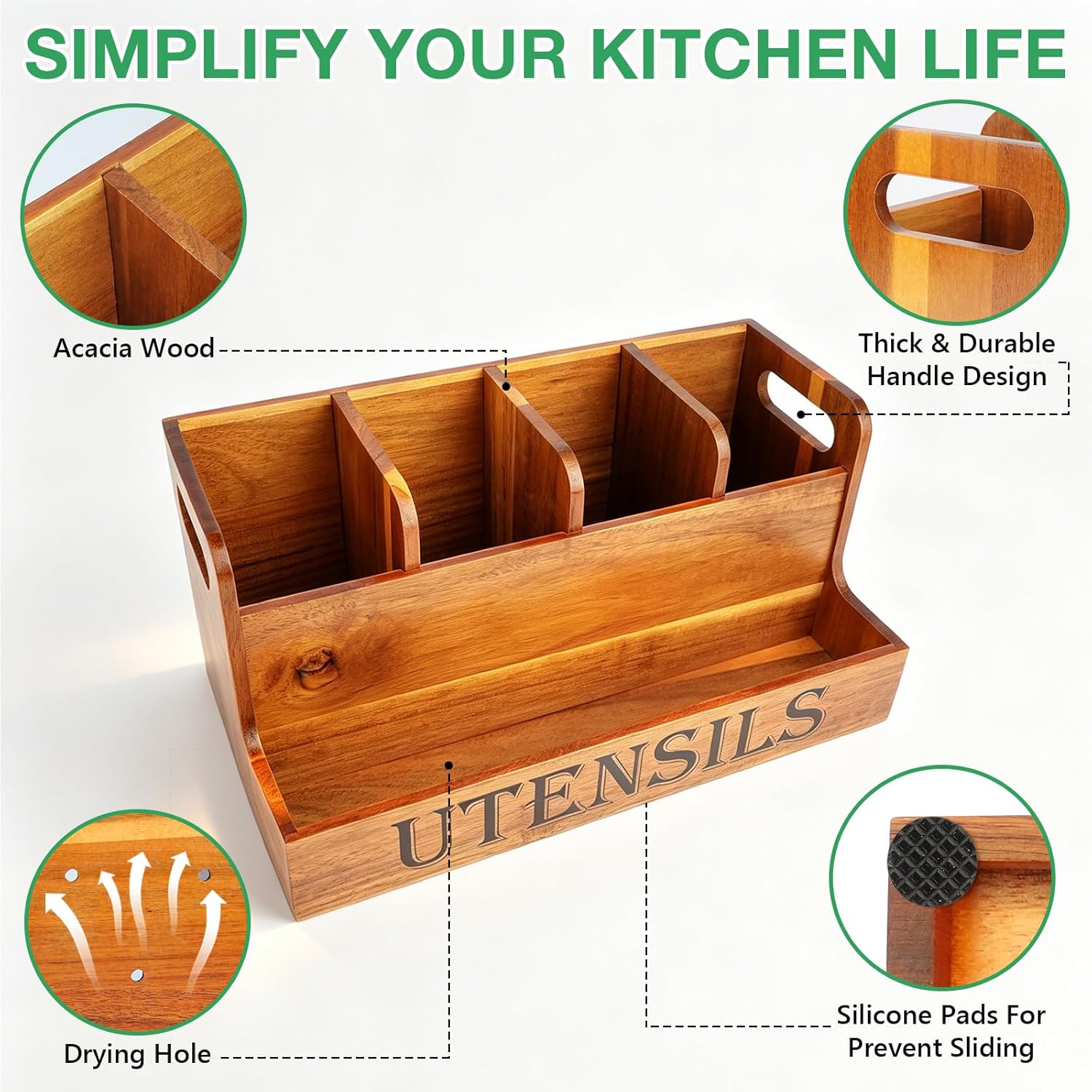 TREWAVE Wooden Utensil Holder for Kitchen Countertop, Large Acacia Wood Kitchen Utensil Organizer with 4 Compartments, Farmhouse Silverware Caddy for Spatula, Ladle & Cooking Tools