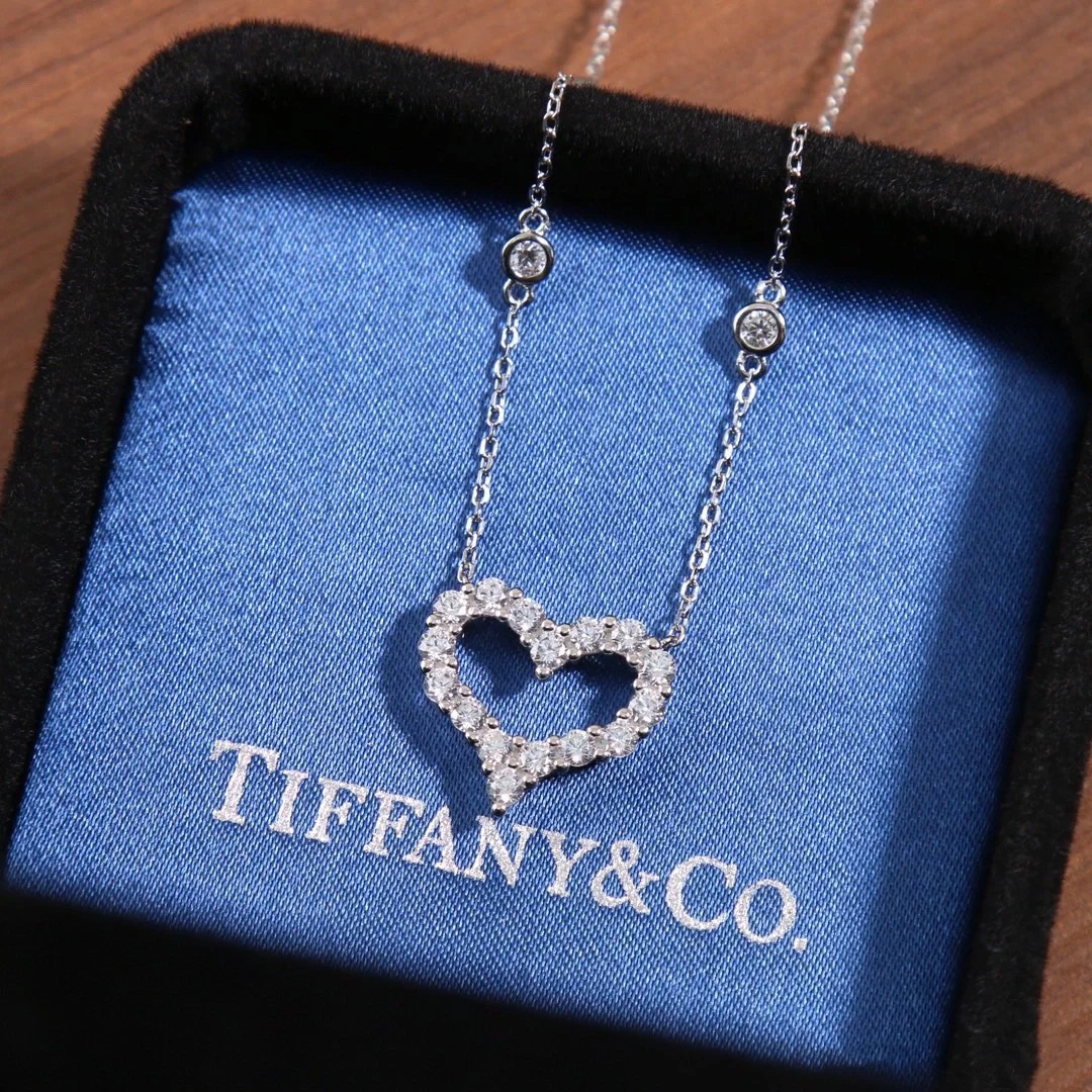 Tiffany Diamond Paved Love Heart Pendant Necklace in White Gold Color - Original Replica Club