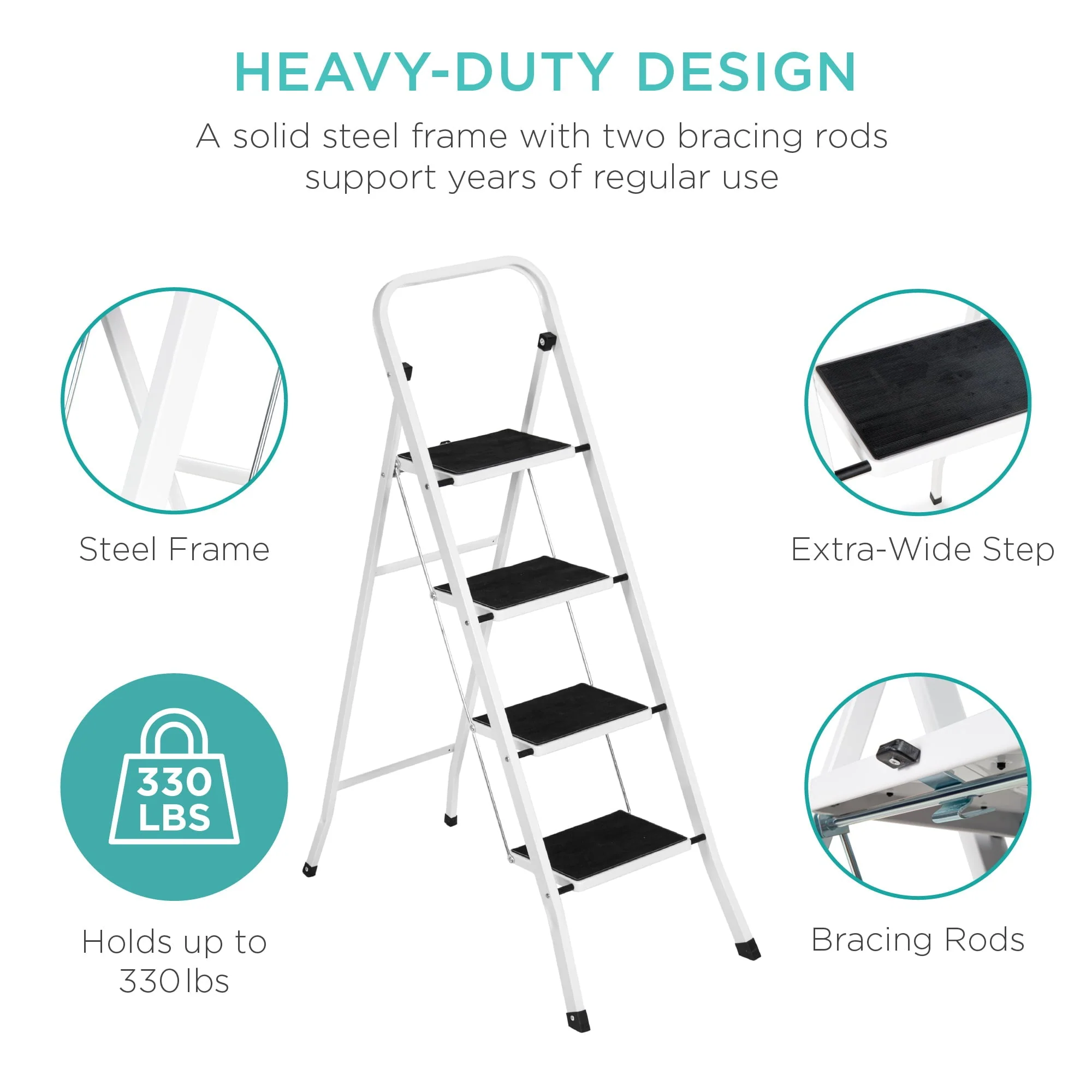 Best Choice Products 4-Step Portable Folding Steel Ladder w/ Hand Rail, Wide Platform Steps, 330lbs Capacity - Image 3