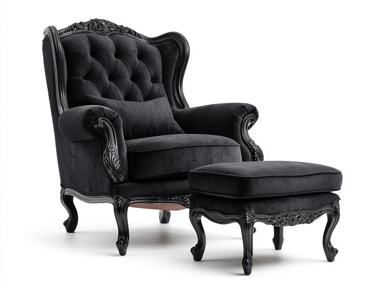 Sillón de terciopelo con reposapiés 95×85×110 cm - negro - con respaldo capitoné y estilo clásico