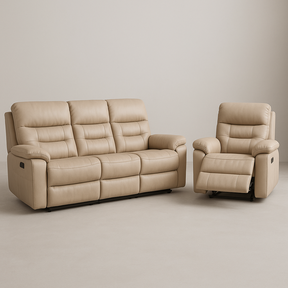 Conjunto de Sofá y Sillón Reclinable en Cuero Sintético Beige
