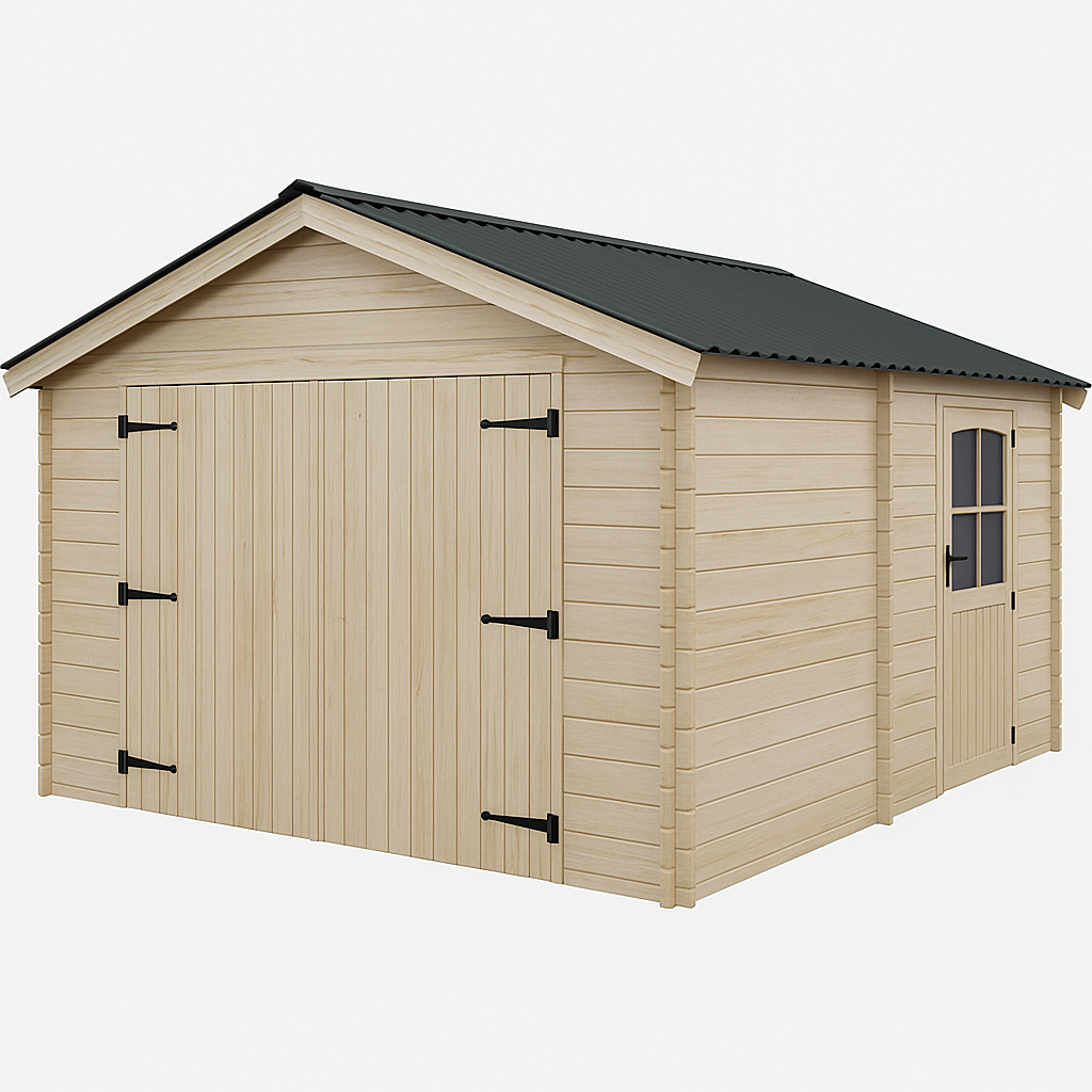Garaje de madera, con puertas dobles y ventana, color beige.