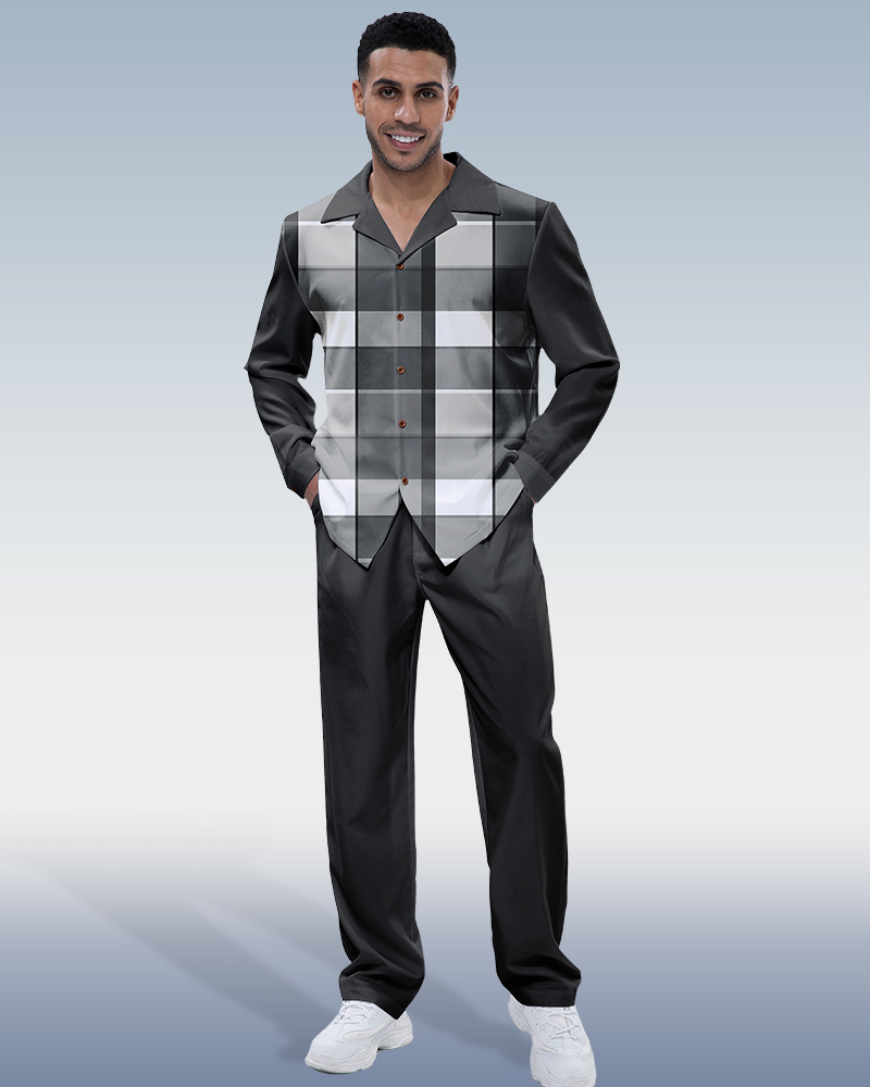 Black Plaid Long Sleeve Shirt Walking Set