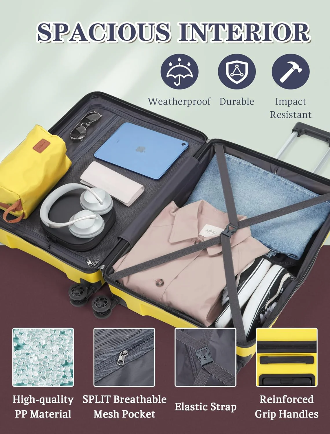 5-piece luggage set with wheels, ABS hardshell suitcase with spinner wheels