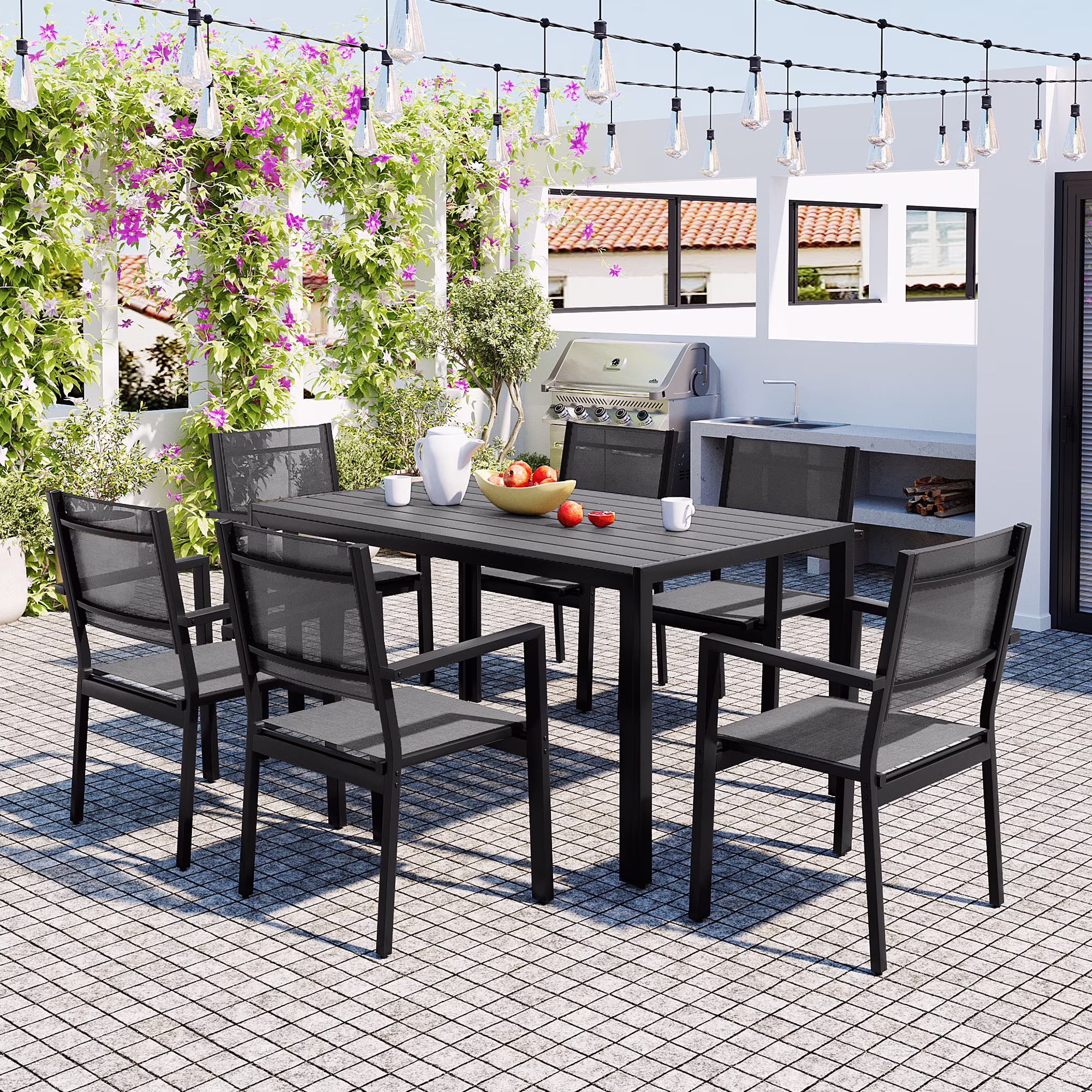 7 Piece Outdoor Dining Set, Patio Dining Table Set for 6 Persons, Garden Patio Textilene Dining Furniture Set with Plastic-Wood Tabletop, Dining Table Chairs Conversation Set for Deck Patio - Image 9