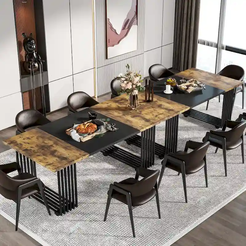 Modern Dining Table with Rectangular Top and Metal Base for 6 to 8 Seating