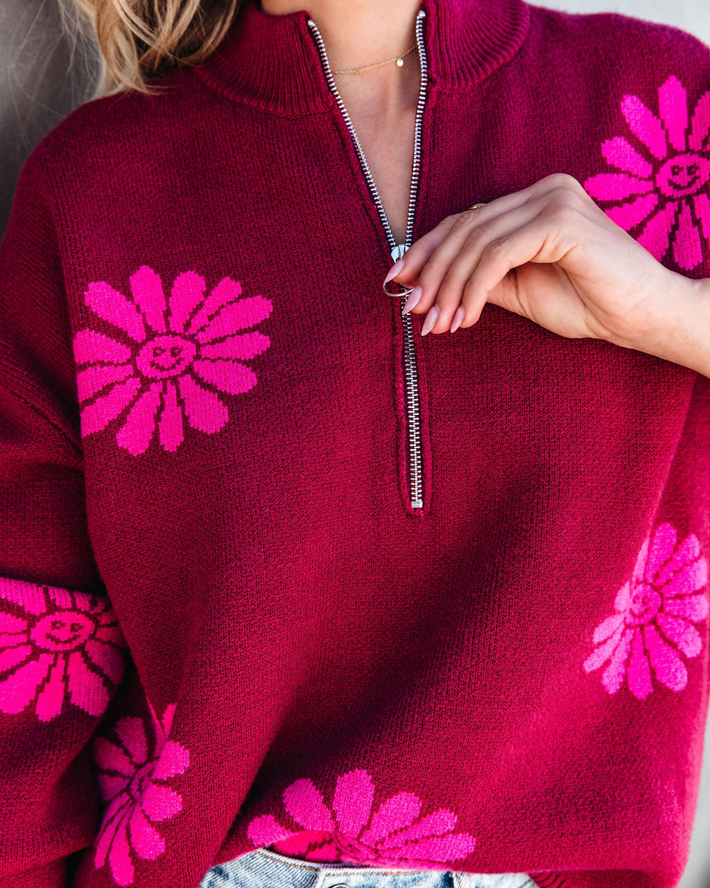 Happy As A Daisy Half Zip Pullover Sweater - SALE - Se7enfashion