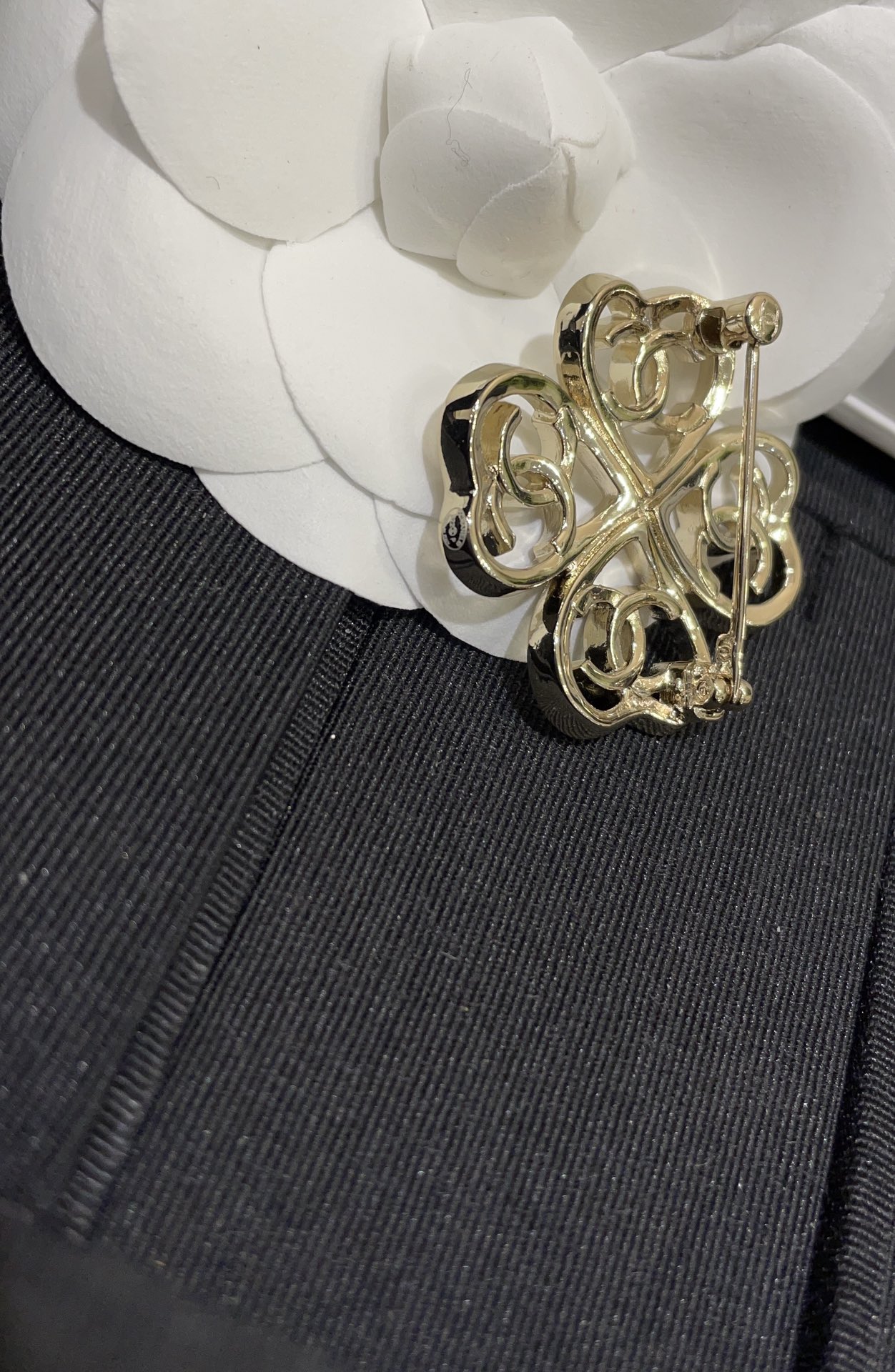 Chanel Light Gold Hollow Clover Brooch - Original Replica Club
