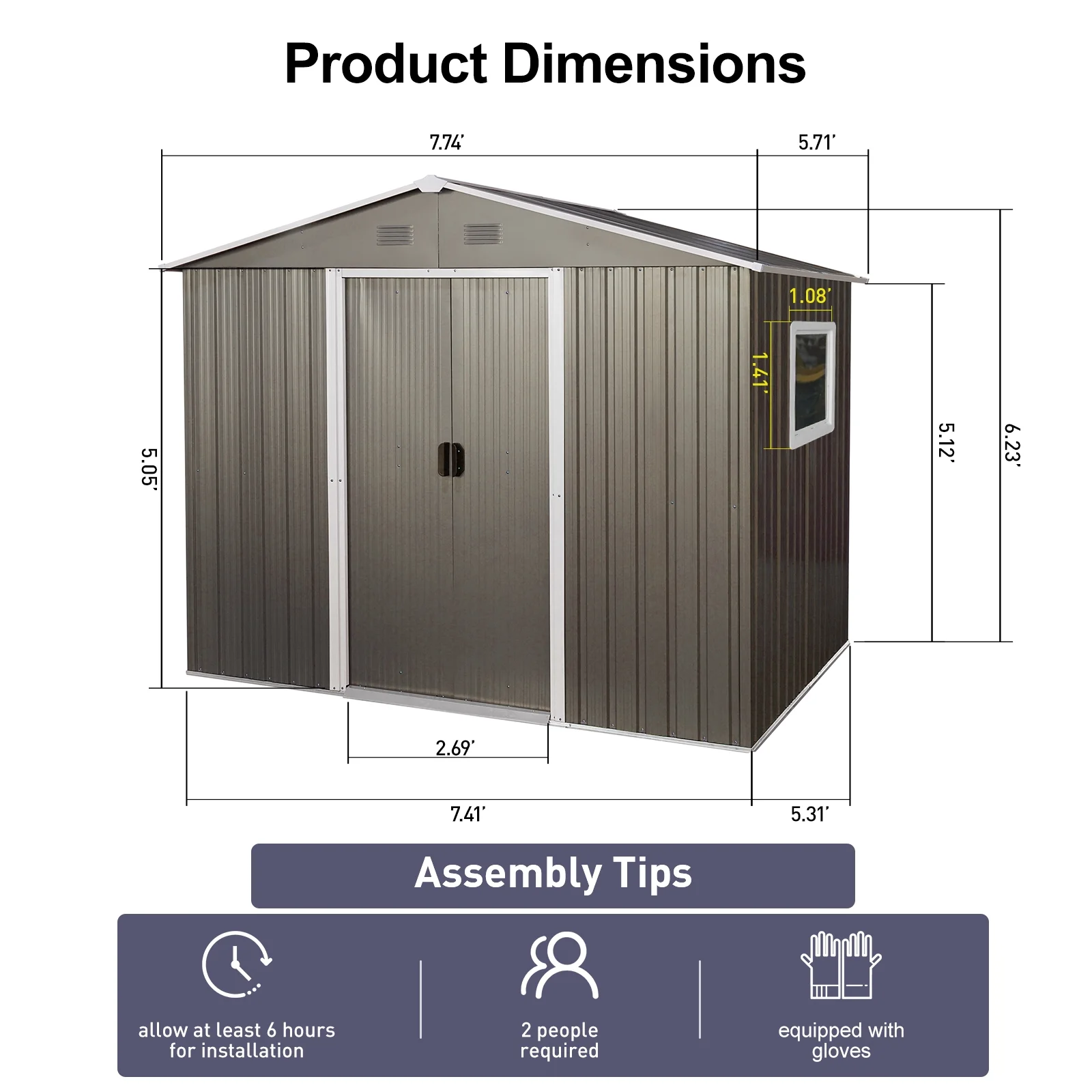 8ft x 6ft Outdoor Metal Storage Shed with Window Grey DIY assembly with pre-cut - Image 7