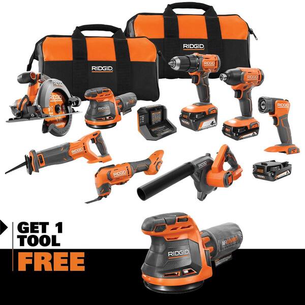 18V Cordless 8-Tool Combo Kit with (3) Batteries. Charger. and Bag with 18V Random Orbit Sander