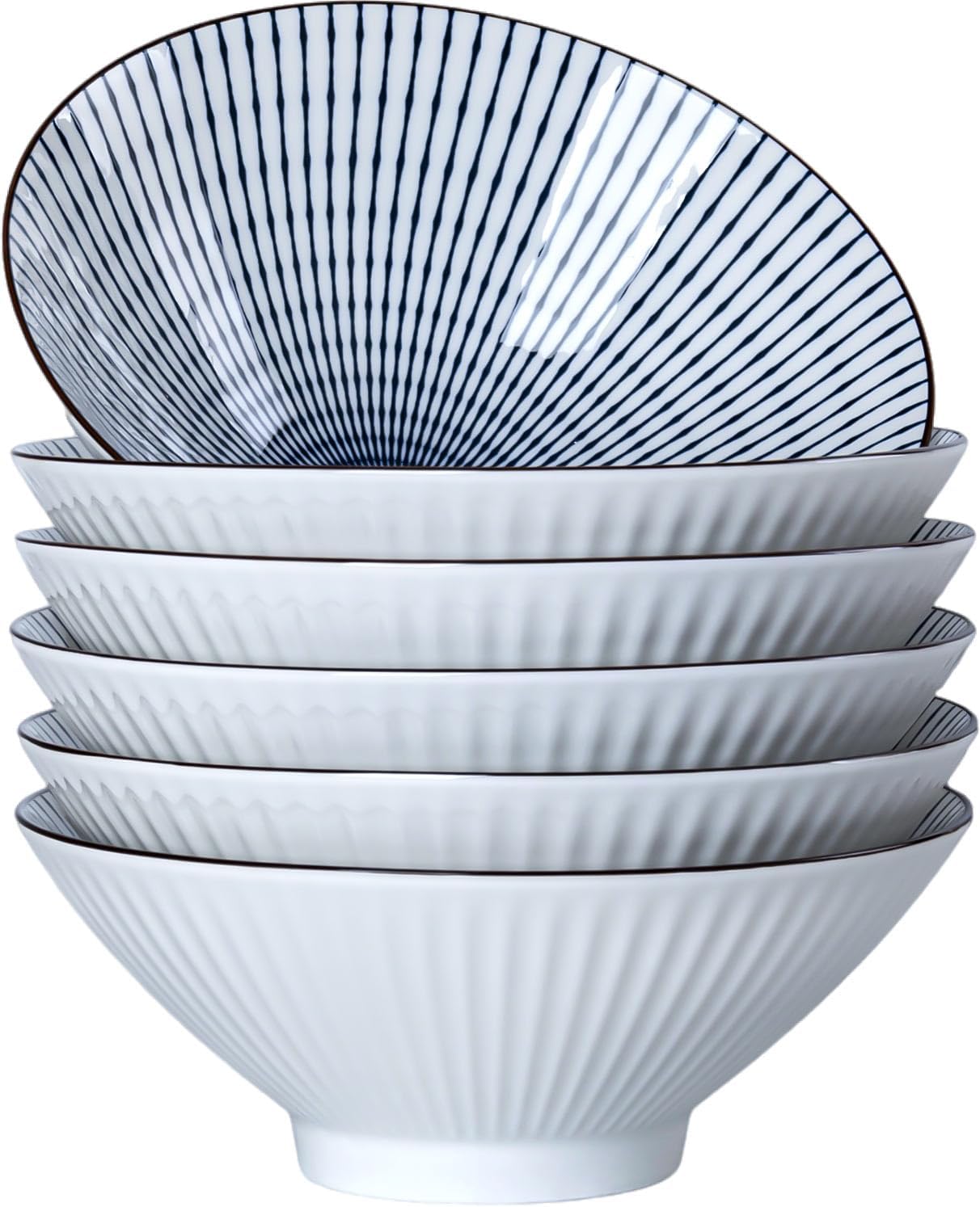 38 oz Japanese Ramen Bowl Set of 6 - Large 8 Inch Ceramic Soup Bowls, Blue and White Japanese Noodle Bowls for Pho, Ramen, and Salad - Striped Patterns