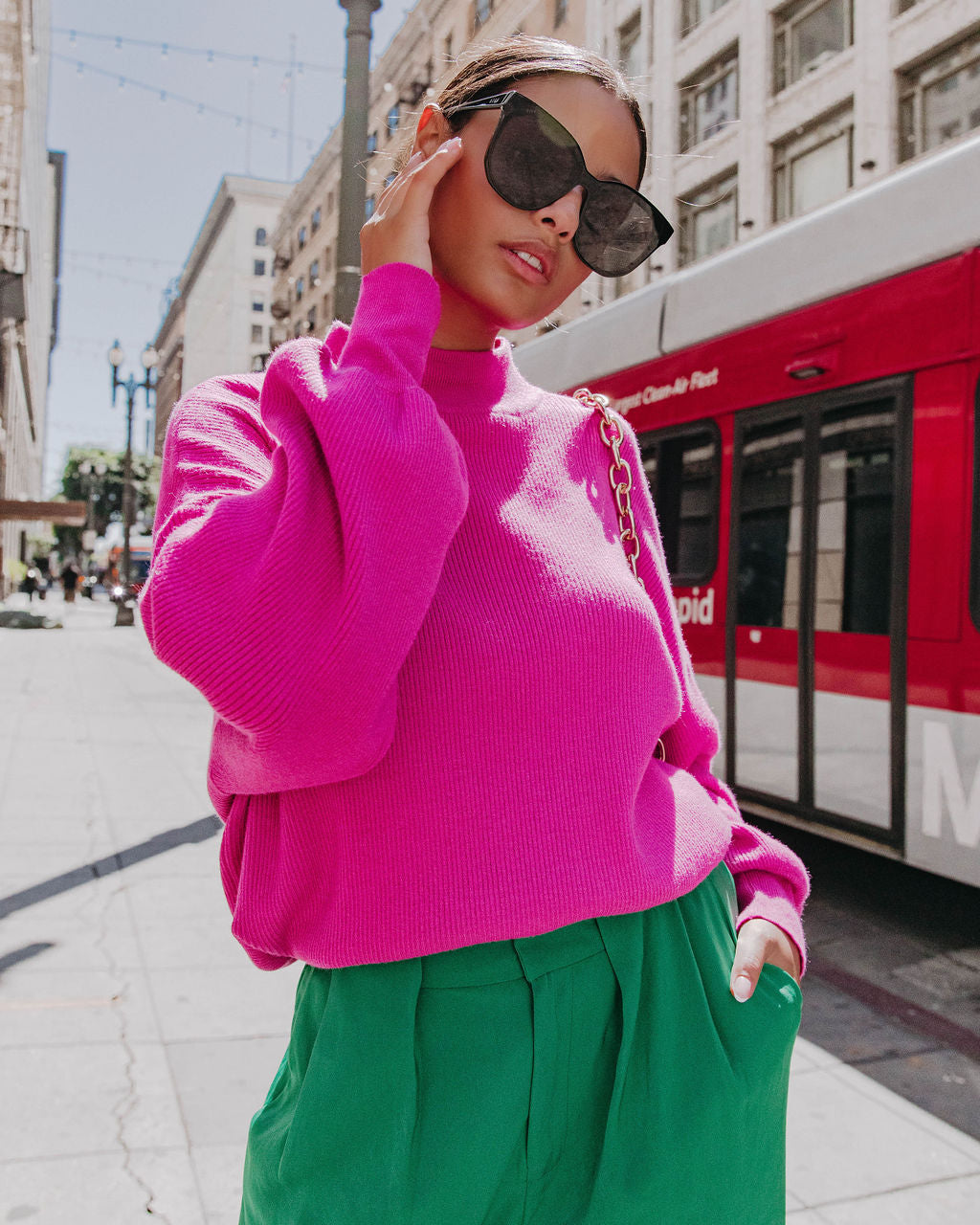 Russ Mock Neck Ribbed Sweater - Fuchsia - Se7enfashion