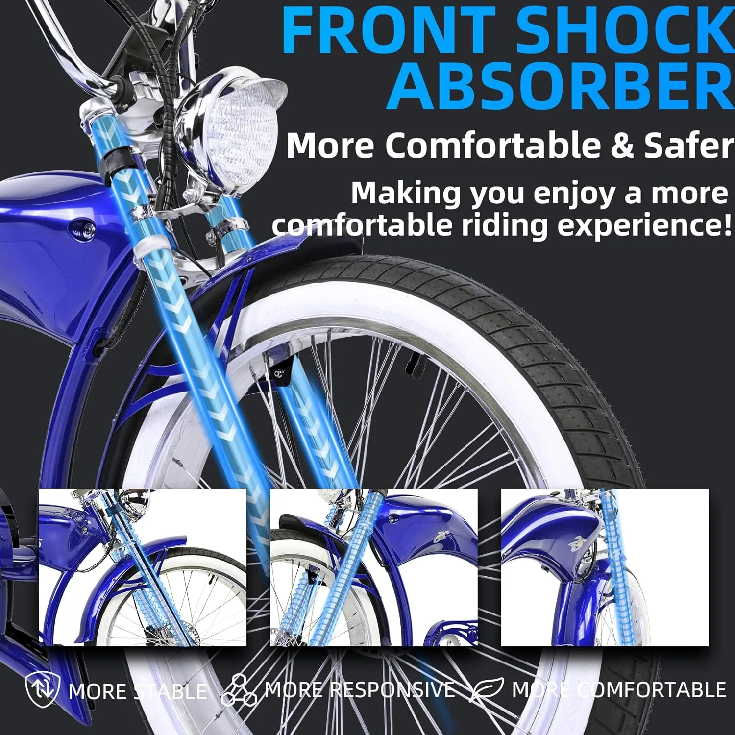 Twenty5 GT 800W Chopper Stretch Cruiser Ebike, 26" Wheels, Supsension Triple Tree Fork, White Wall Tire, Disc Brake, for Men, Blue - Image 5
