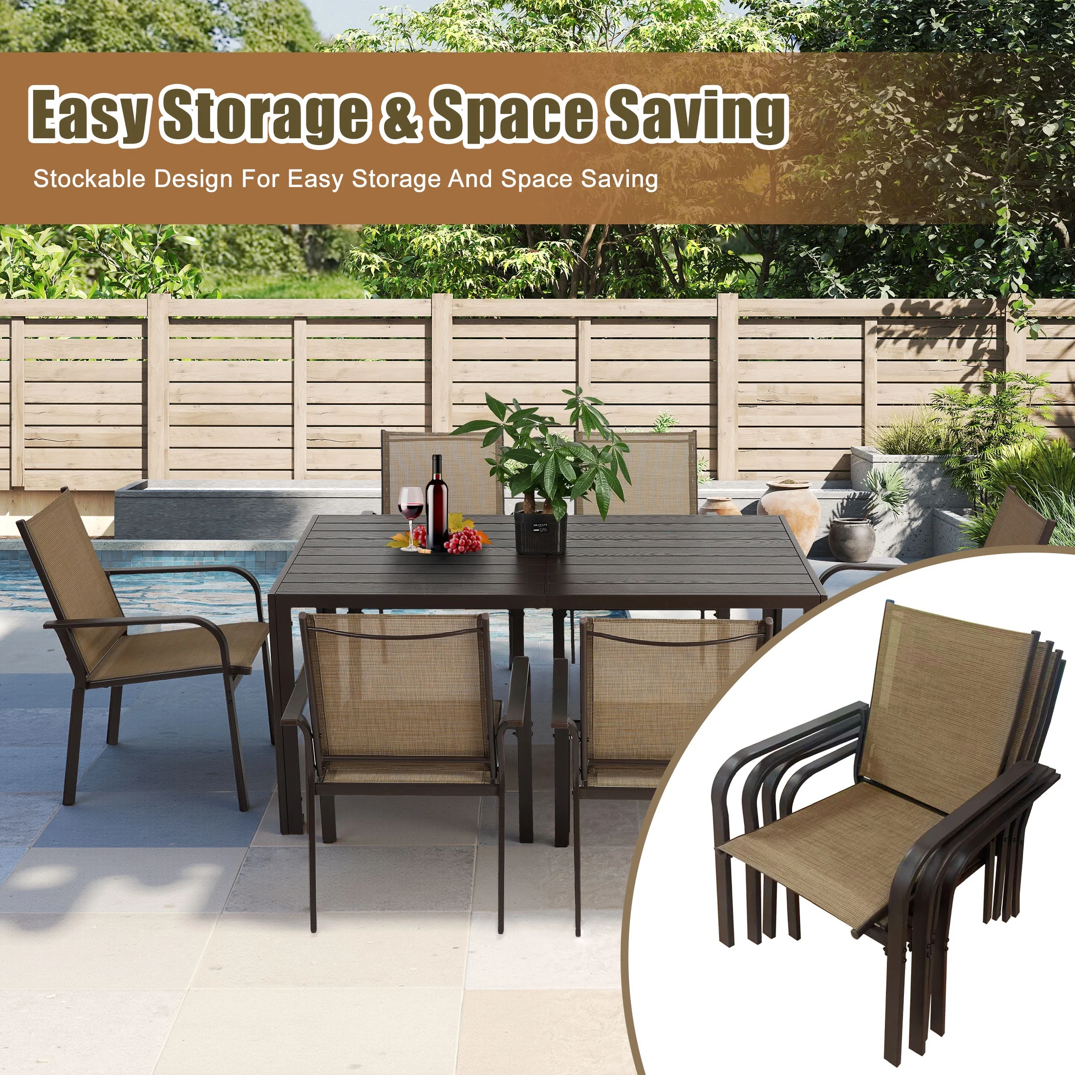 7 Piece Outdoor Dining Set, Patio Dining Table Set for 6 Persons, Garden Patio Textilene Dining Furniture Set with Plastic-Wood Tabletop, Dining Table Chairs Conversation Set for Deck Patio - Image 4